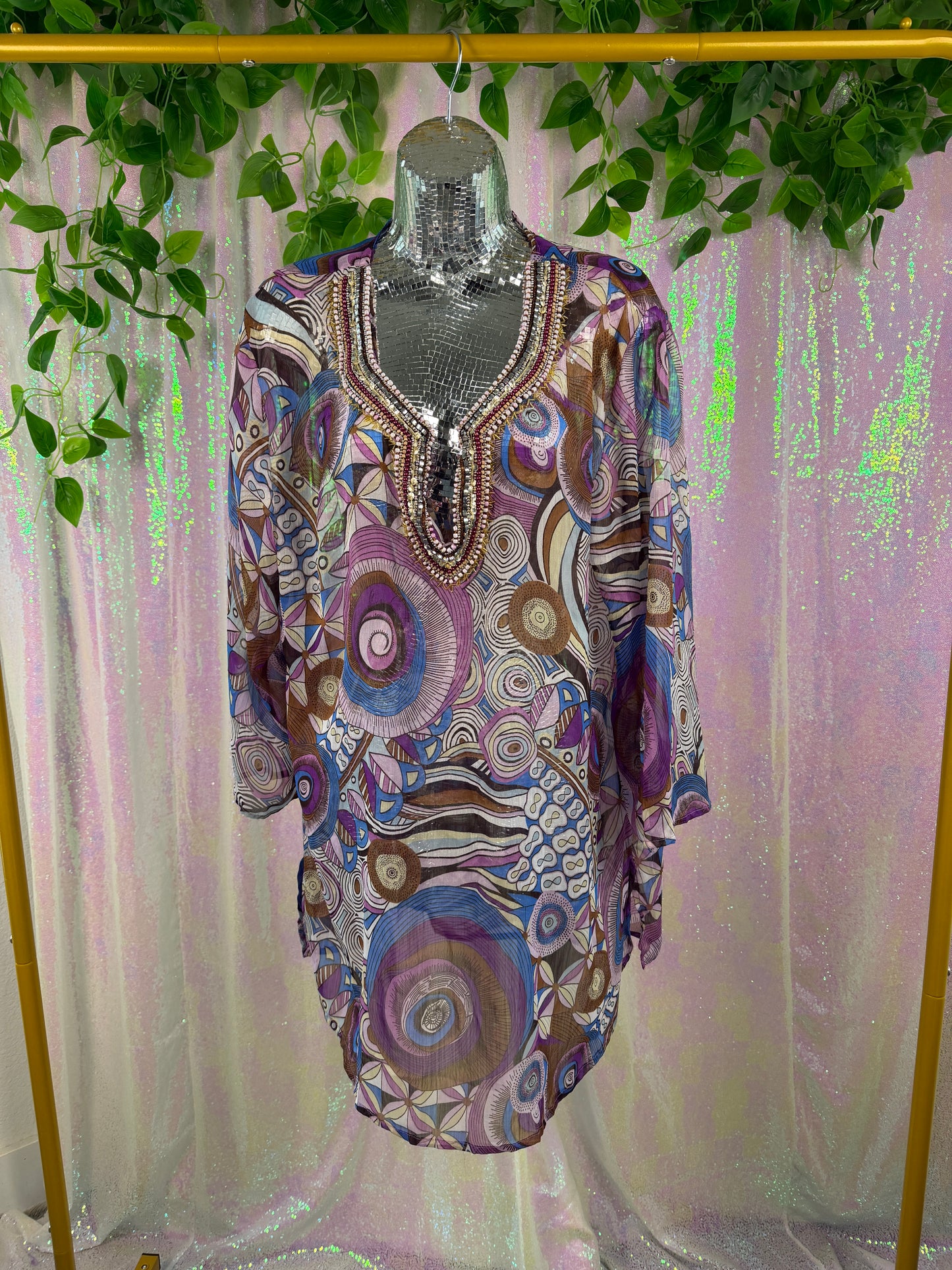 Now & Then (XL+) 💜🌀🔮🦋 flowy boho psychedelic artsy festival abstract purple blue brown tunic blouse (factory tagged: 2X)