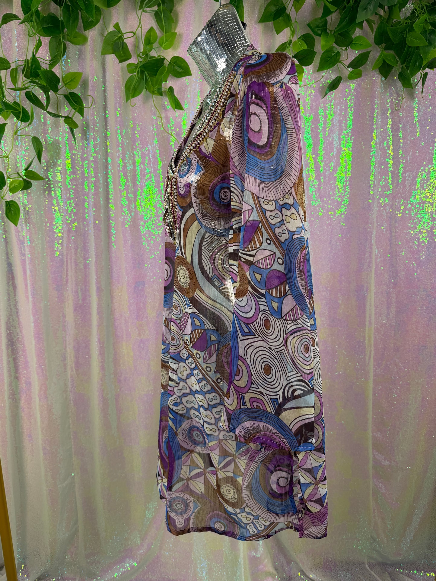 Now & Then (XL+) 💜🌀🔮🦋 flowy boho psychedelic artsy festival abstract purple blue brown tunic blouse (factory tagged: 2X)