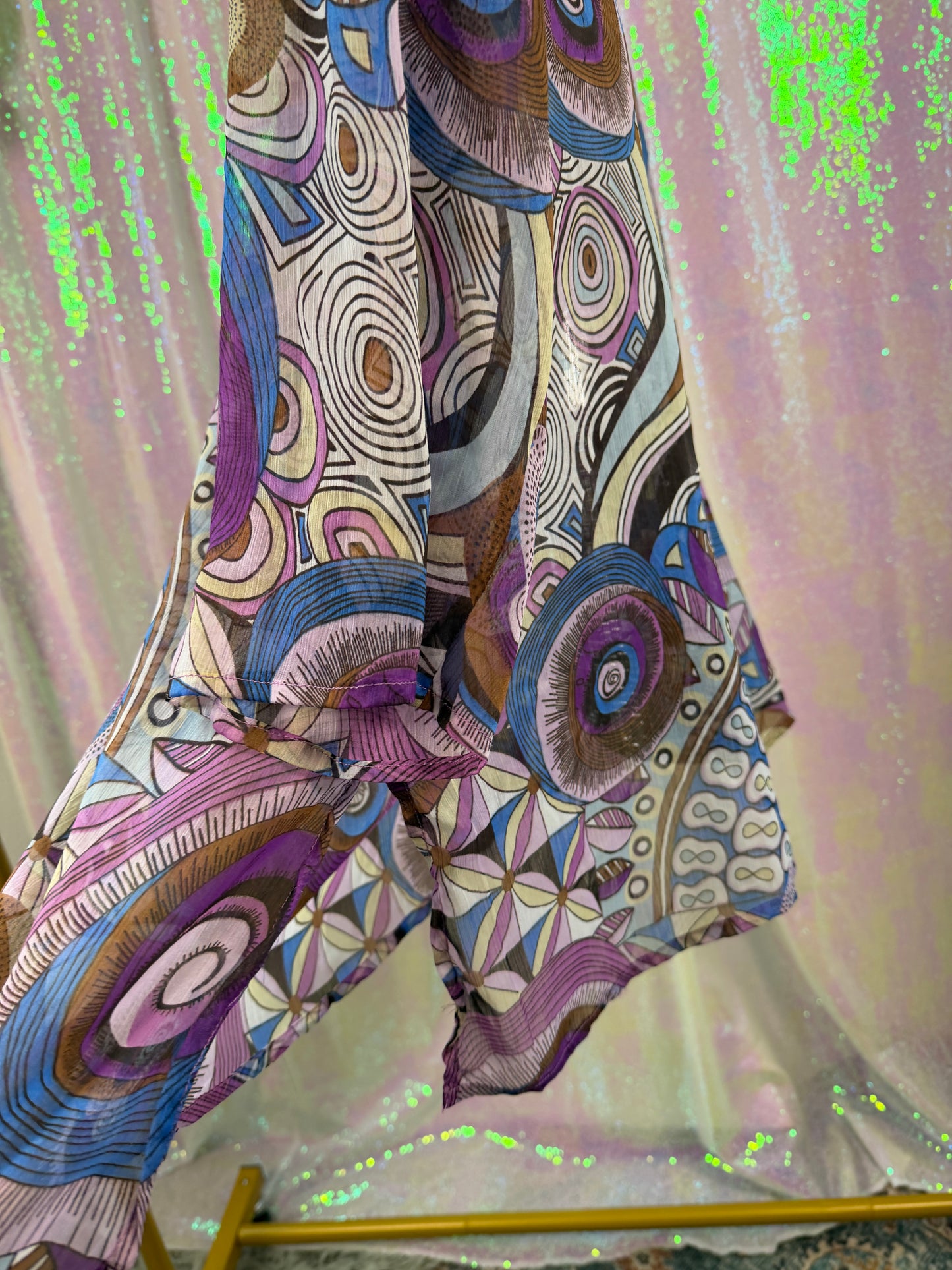 Now & Then (XL+) 💜🌀🔮🦋 flowy boho psychedelic artsy festival abstract purple blue brown tunic blouse (factory tagged: 2X)