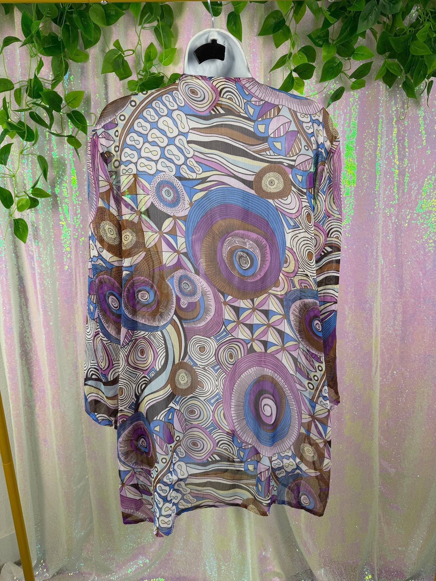 Now & Then (XL+) 💜🌀🔮🦋 flowy boho psychedelic artsy festival abstract purple blue brown tunic blouse (factory tagged: 2X)