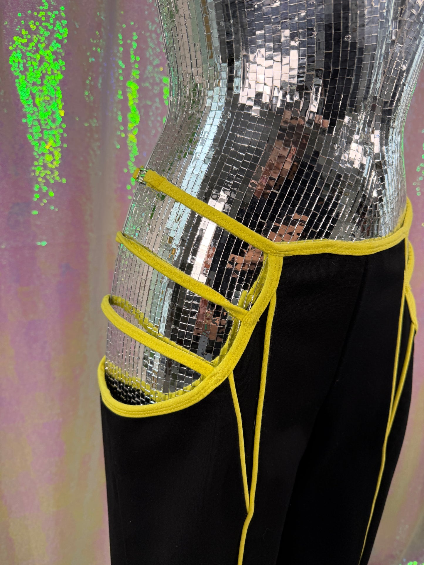 I.AM.GIA (S) ⚡🖤🌙 🪩 rave festival cyber y2k strappy flared black neon yellow pants (factory tagged: XS)