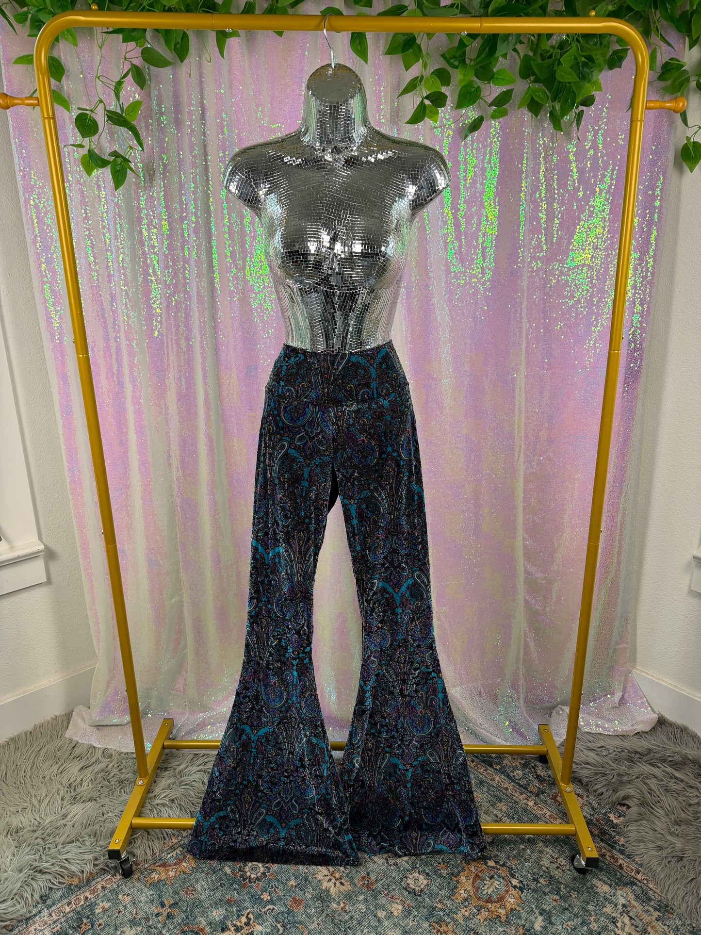 Warrior Within Designs (XL+) 🦚🔮🌌🦋 velvet paisley flared bell bottoms festival boho celestial teal purple black (factory tagged: XL)
