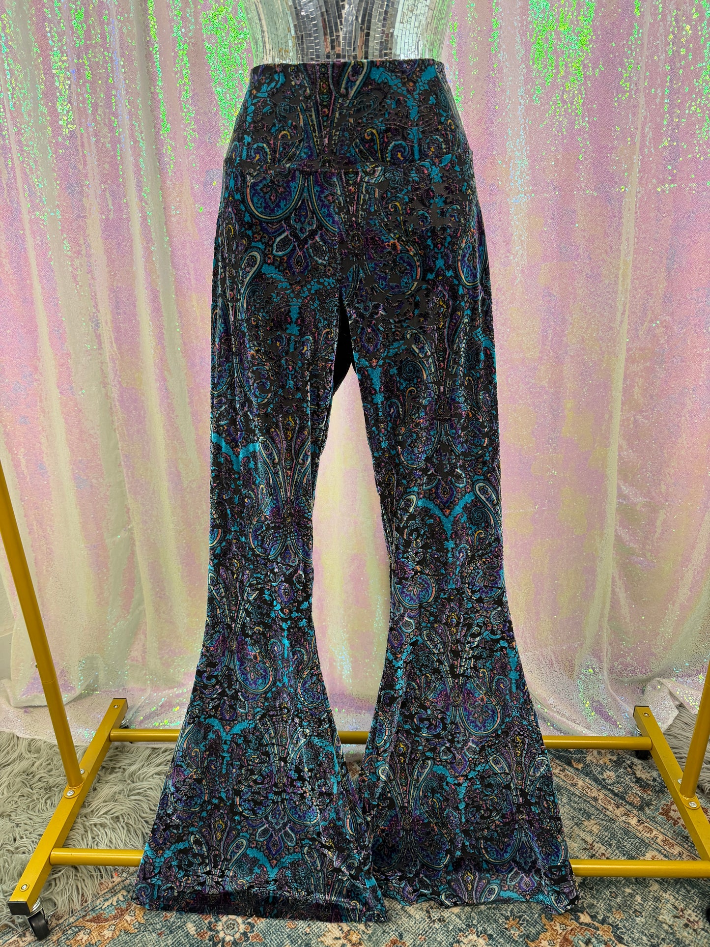 Warrior Within Designs (XL+) 🦚🔮🌌🦋 velvet paisley flared bell bottoms festival boho celestial teal purple black (factory tagged: XL)