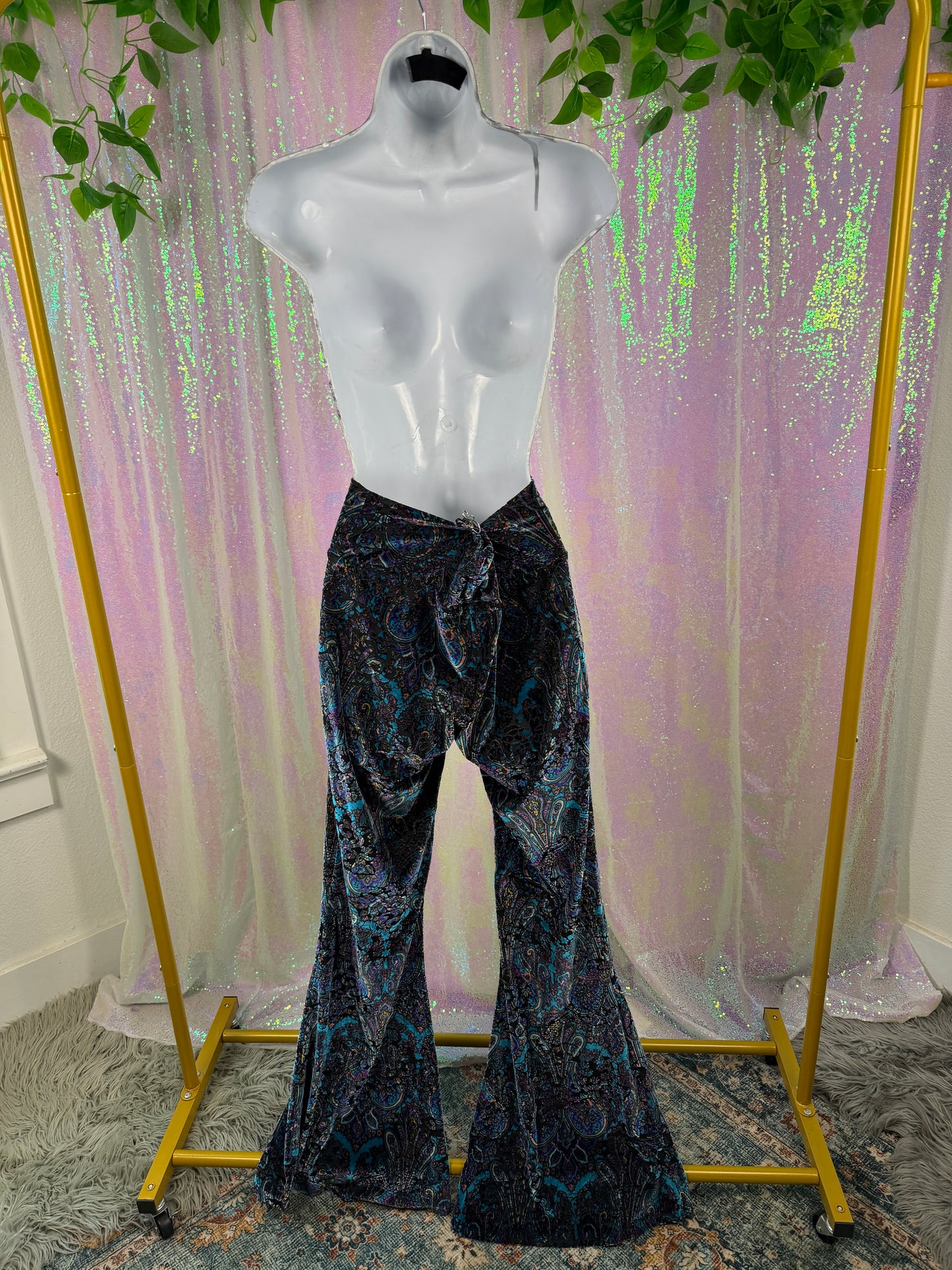 Warrior Within Designs (XL+) 🦚🔮🌌🦋 velvet paisley flared bell bottoms festival boho celestial teal purple black (factory tagged: XL)