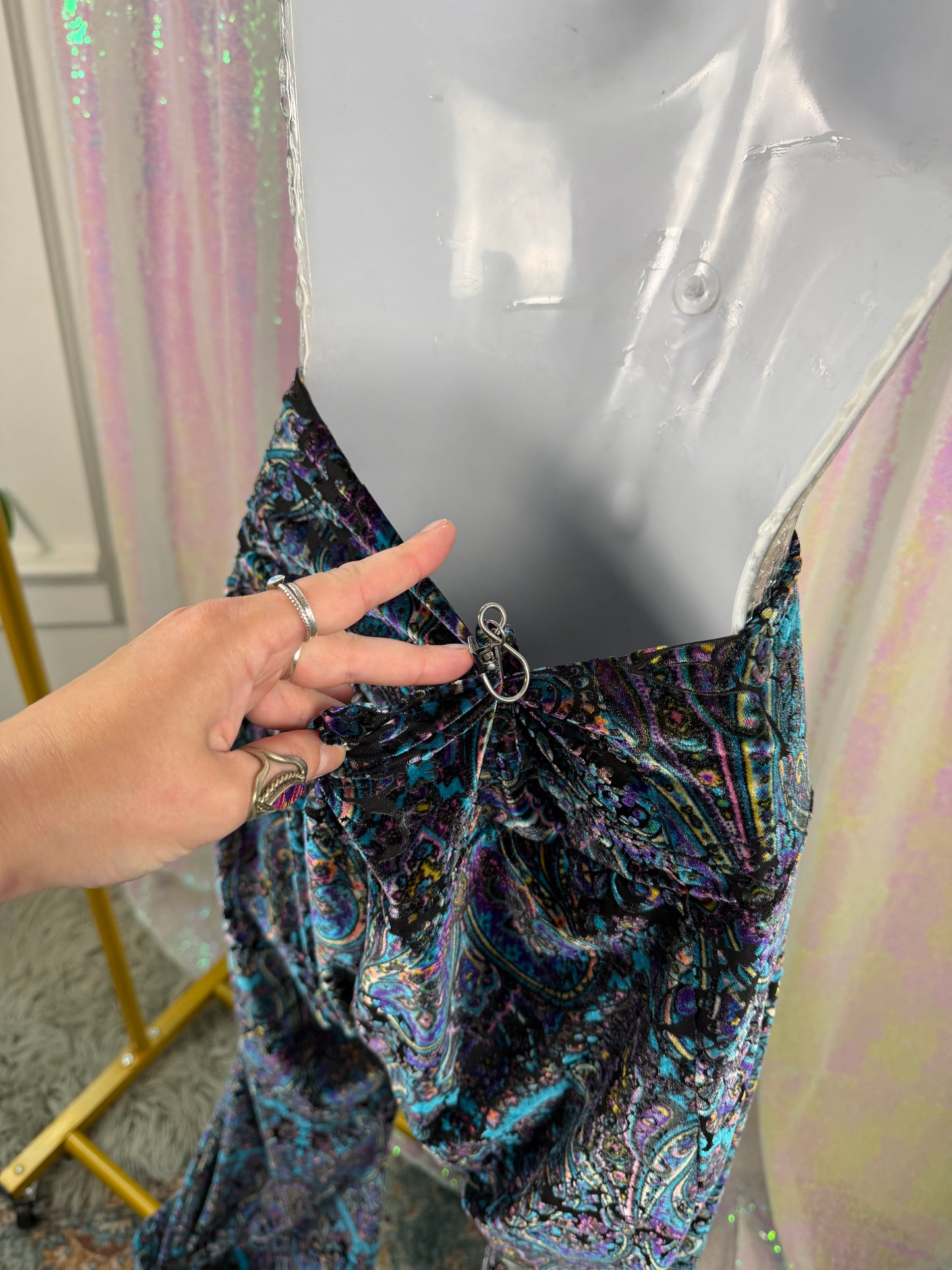 Warrior Within Designs (XL+) 🦚🔮🌌🦋 velvet paisley flared bell bottoms festival boho celestial teal purple black (factory tagged: XL)