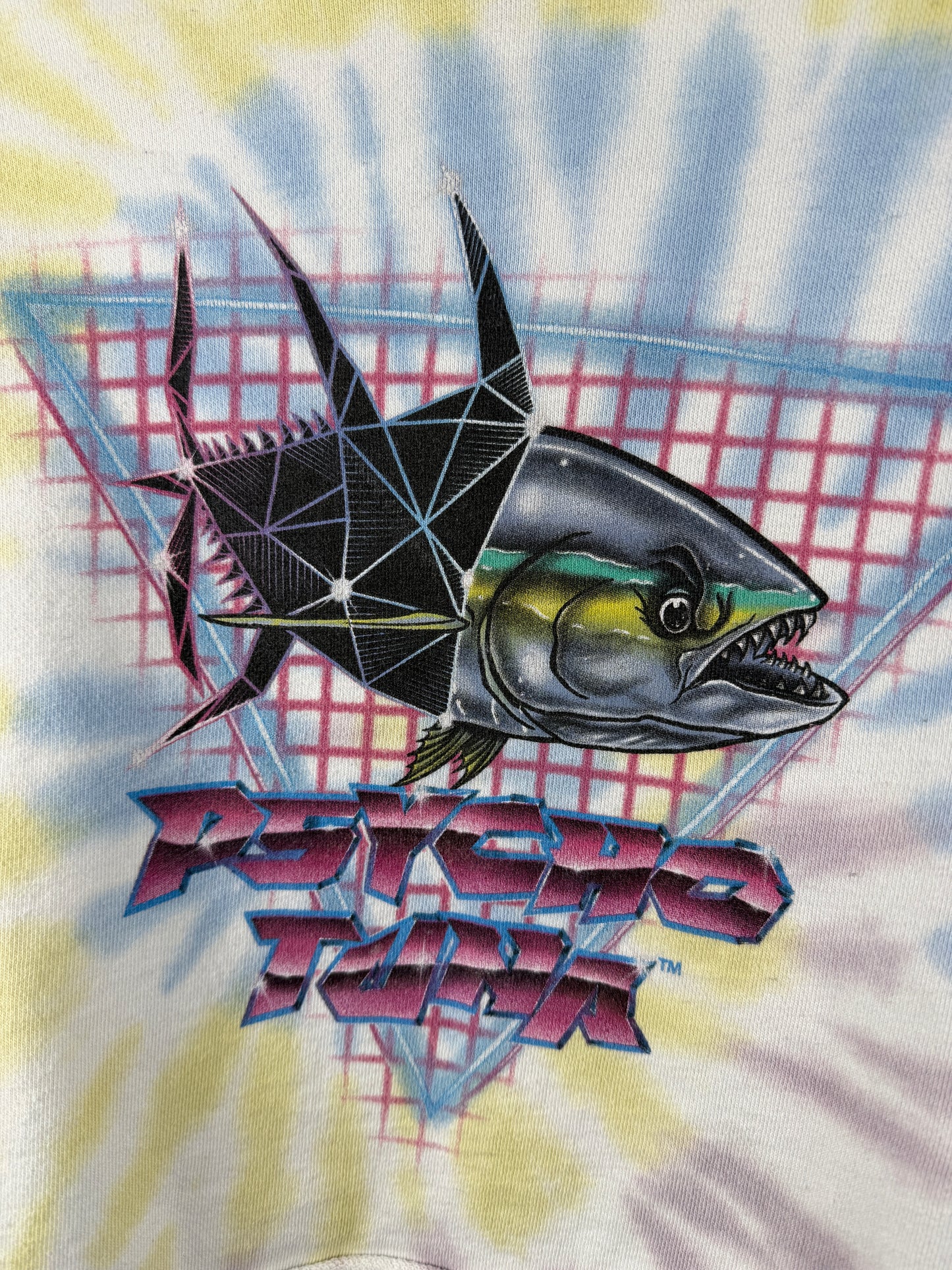 Psycho Tuna (S) 🌊🐟🌀🎣 pastel tie-dye cropped hoodie retro graphic fishing streetwear (factory tagged: N/A)