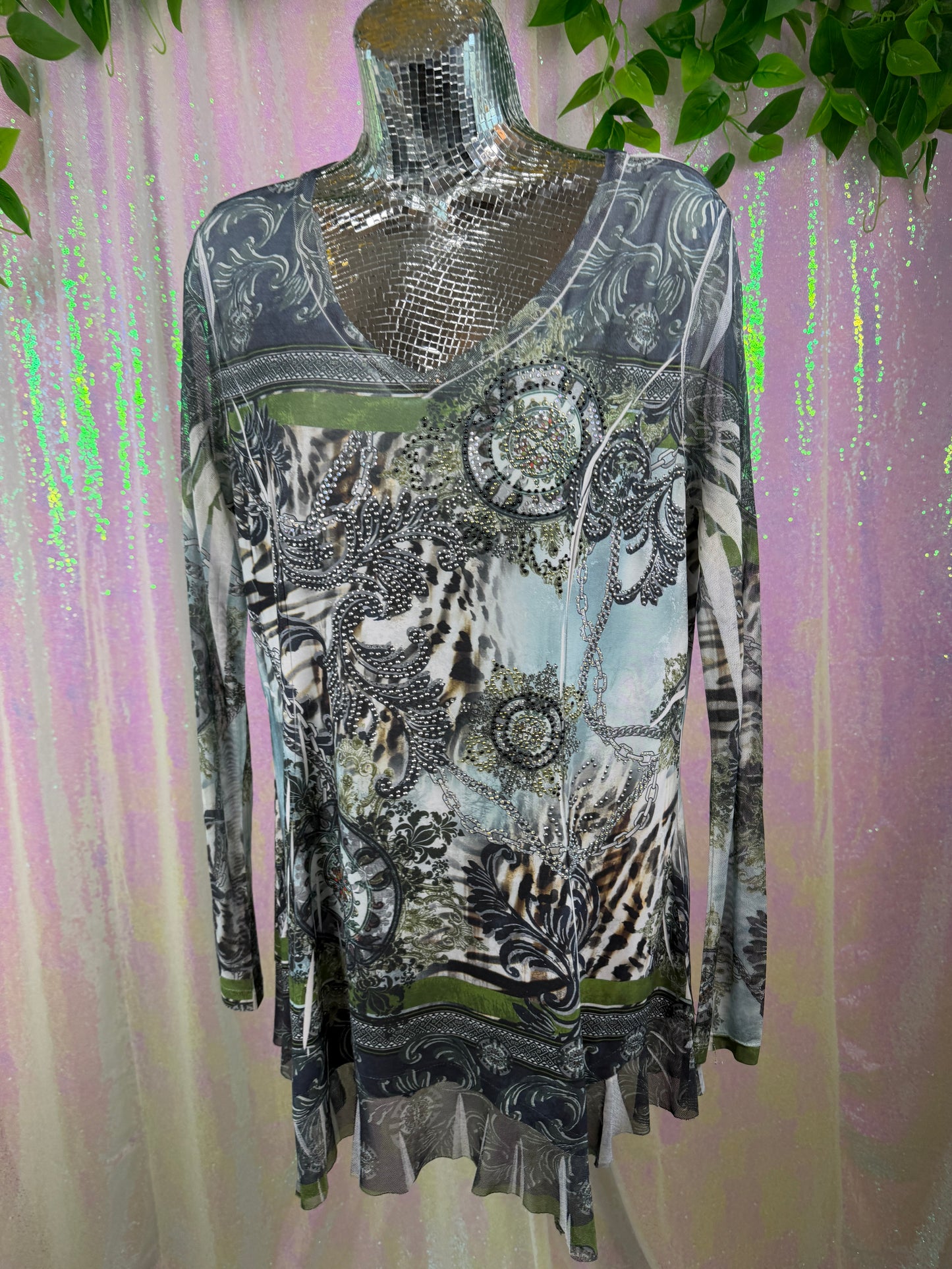 Cover Charge (M) 🐆🌿🩶💎 embellished metallic sheer mesh animal print tunic top (factory tagged: M)