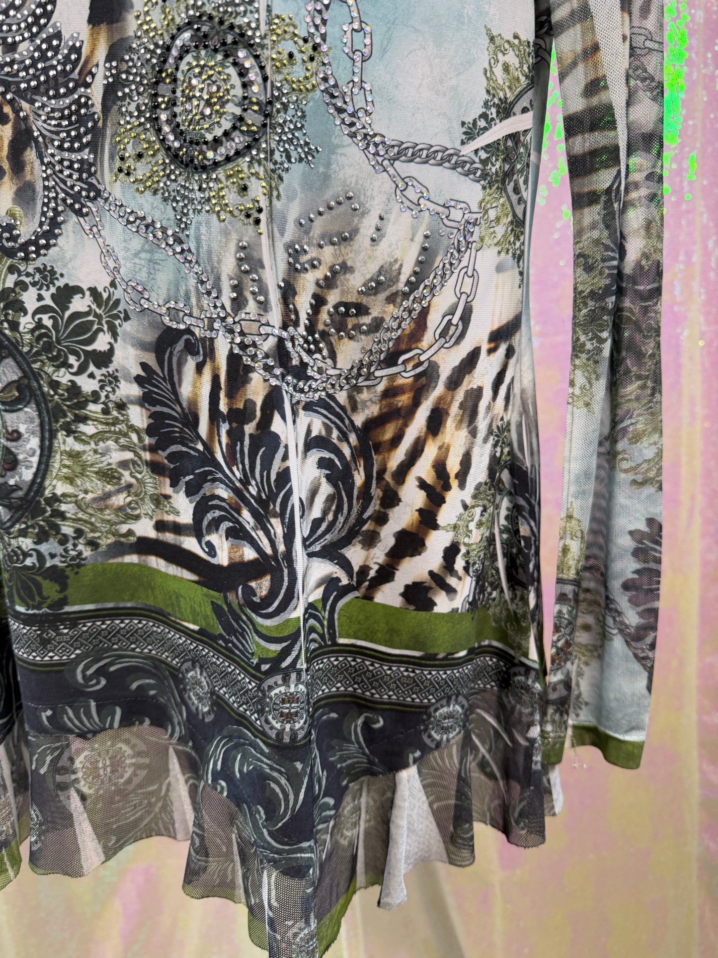 Cover Charge (M) 🐆🌿🩶💎 embellished metallic sheer mesh animal print tunic top (factory tagged: M)