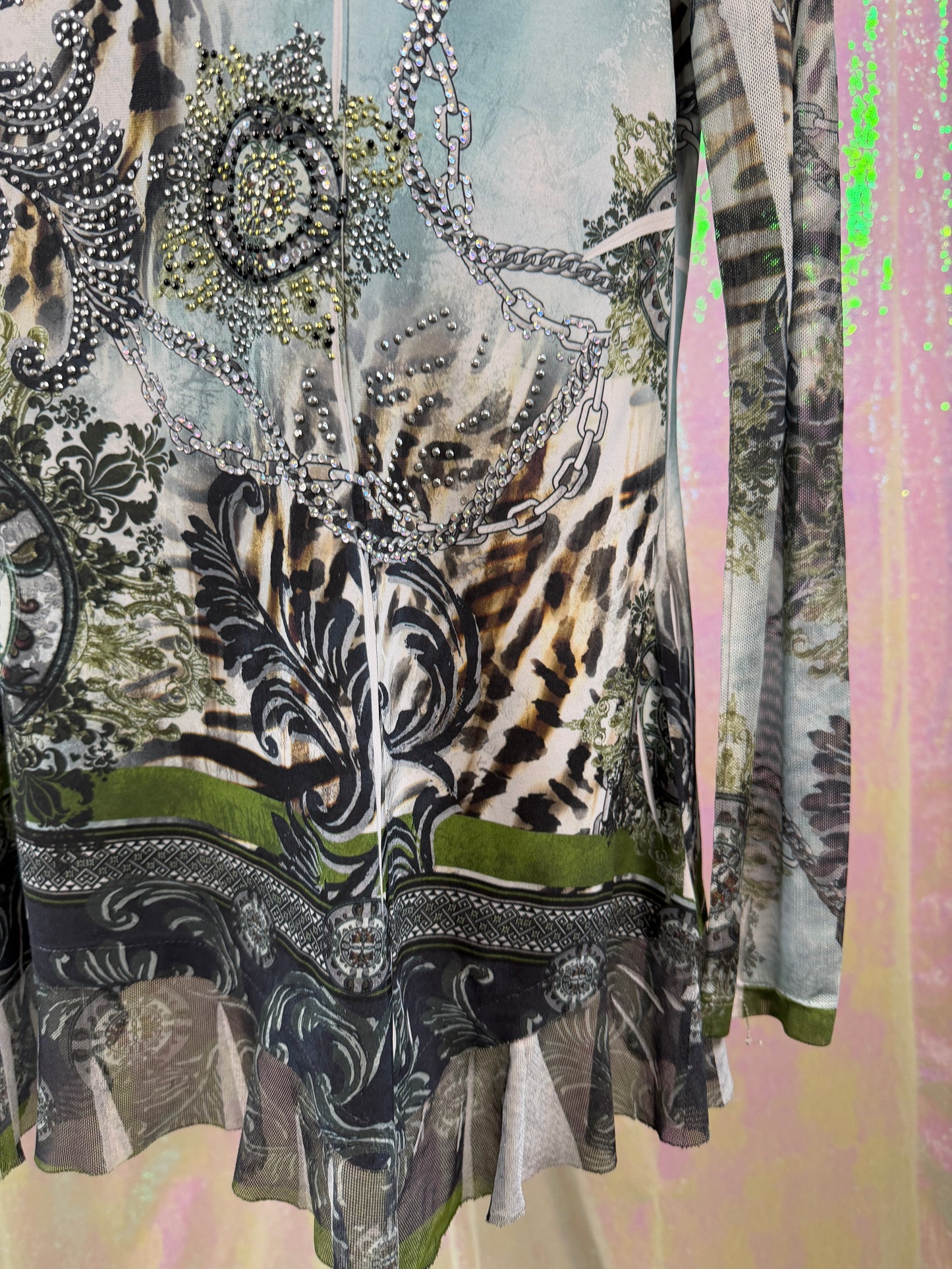 Cover Charge (M) 🐆🌿🩶💎 embellished metallic sheer mesh animal print tunic top (factory tagged: M)