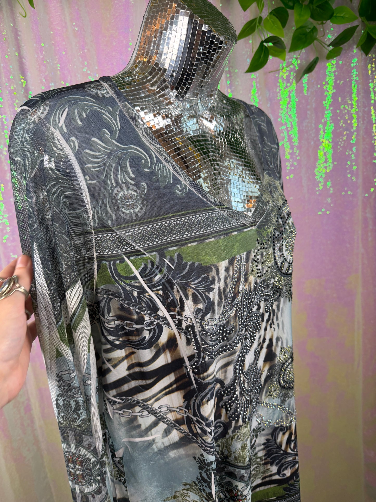Cover Charge (M) 🐆🌿🩶💎 embellished metallic sheer mesh animal print tunic top (factory tagged: M)