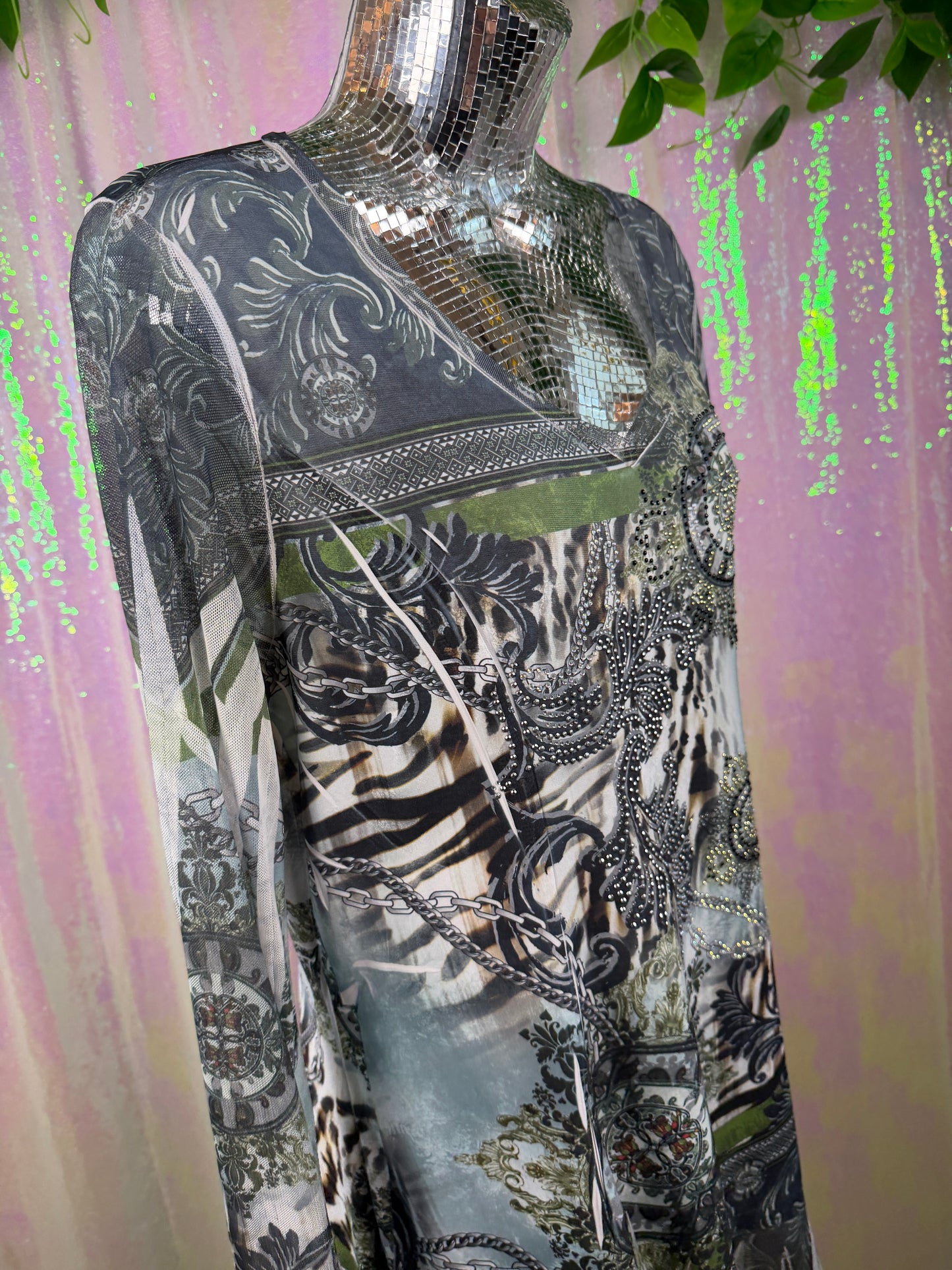 Cover Charge (M) 🐆🌿🩶💎 embellished metallic sheer mesh animal print tunic top (factory tagged: M)