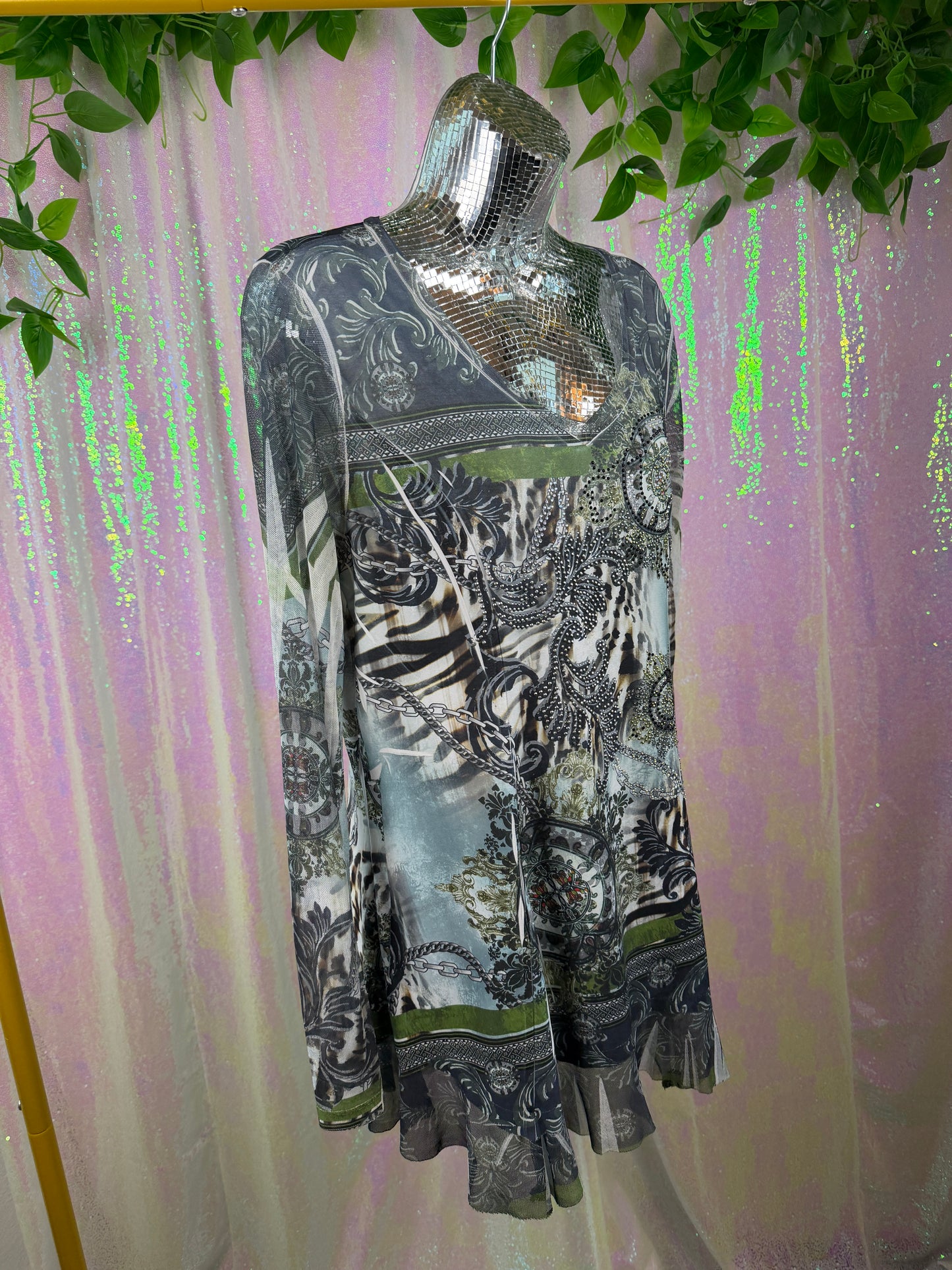 Cover Charge (M) 🐆🌿🩶💎 embellished metallic sheer mesh animal print tunic top (factory tagged: M)