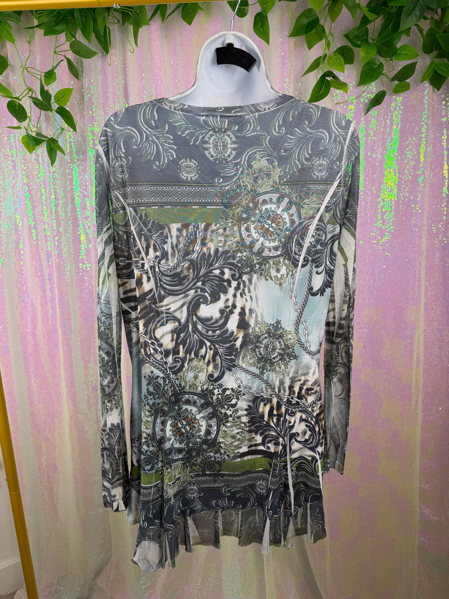 Cover Charge (M) 🐆🌿🩶💎 embellished metallic sheer mesh animal print tunic top (factory tagged: M)