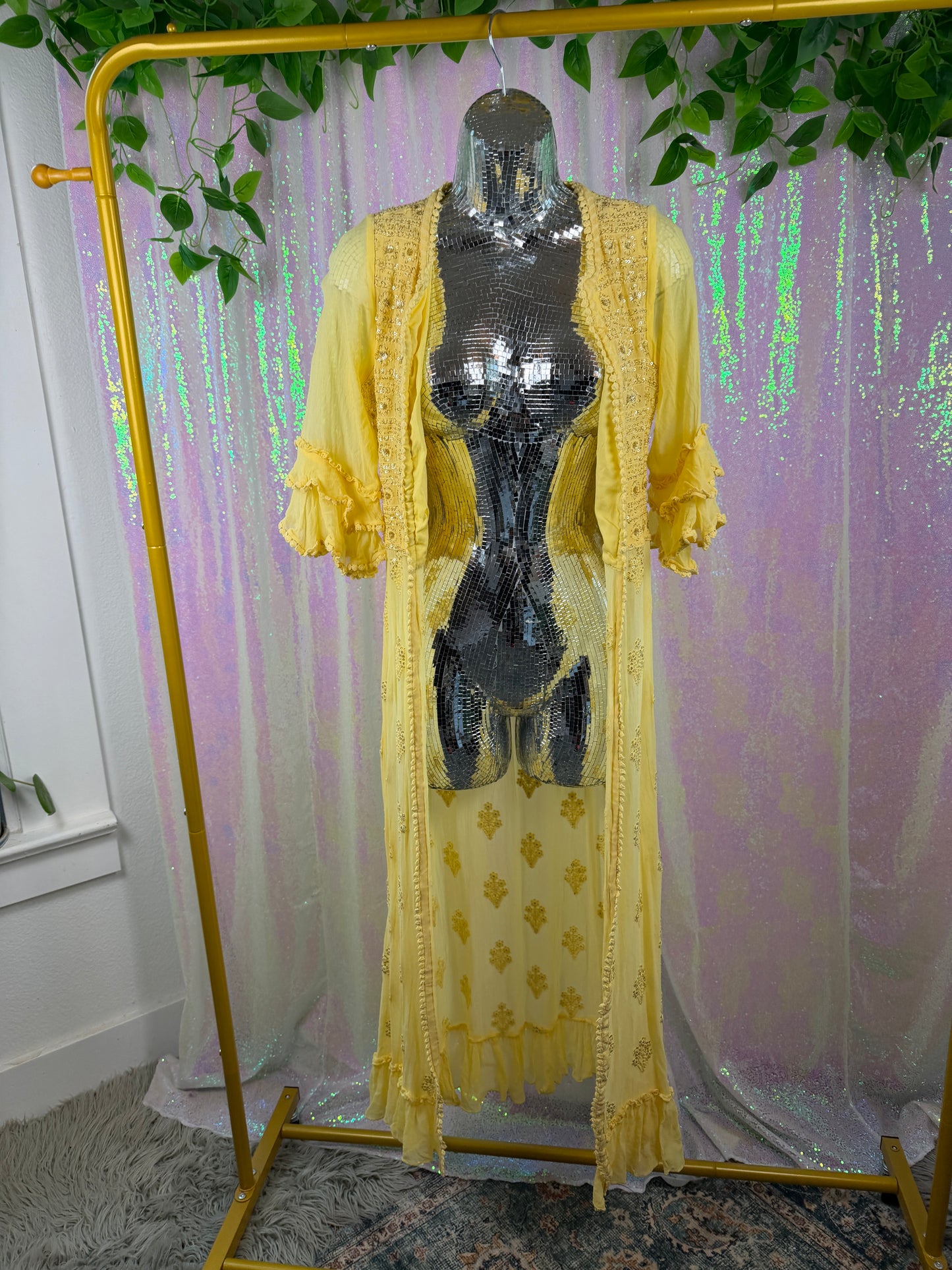 Butter Yellow Festival Duster (S) 🌼☀️🧈🍯 sunshine butter yellow chic sheer embroidered beaded duster quarter length sleeve kimono (factory tagged: N/A)