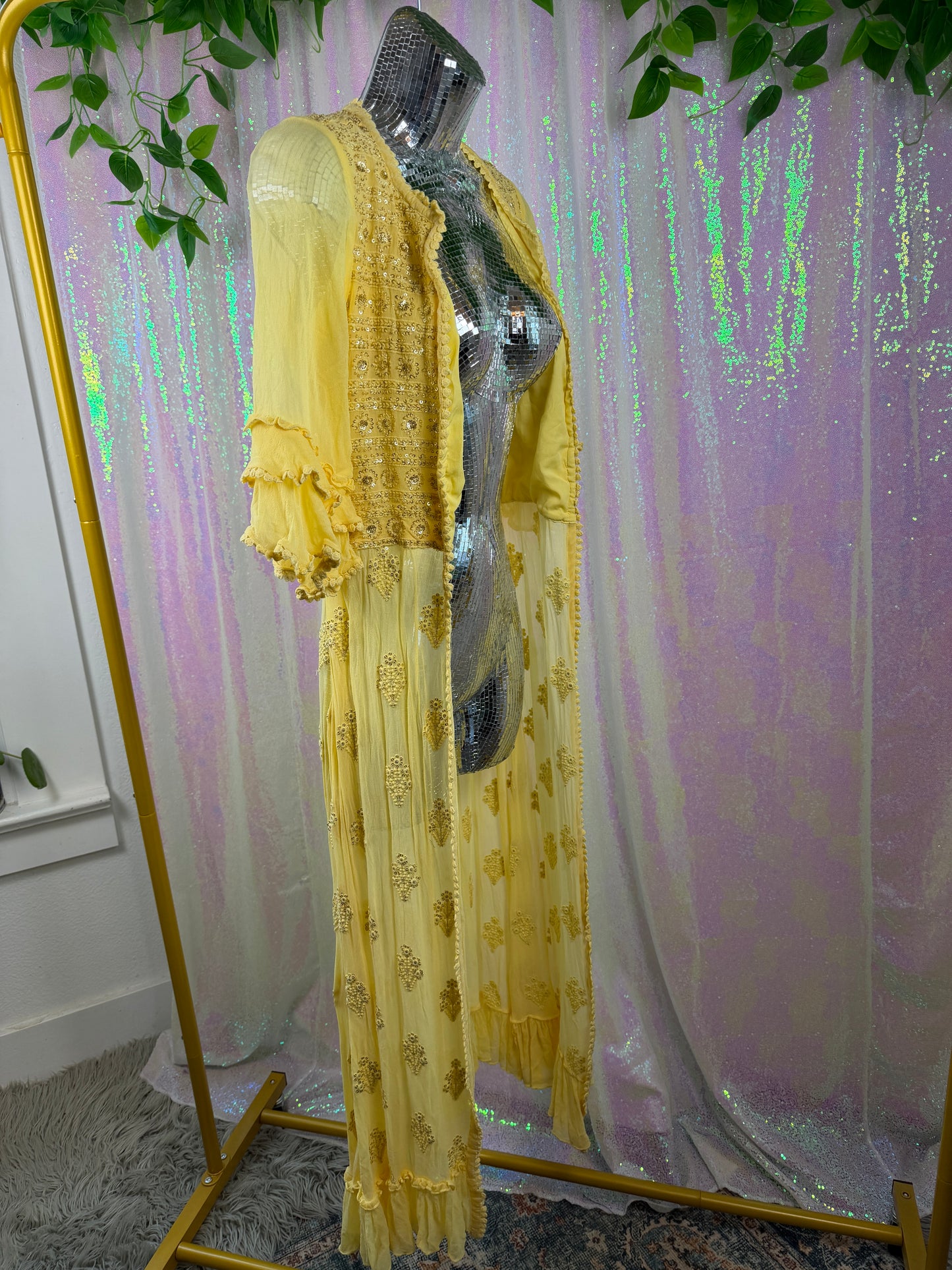 Butter Yellow Festival Duster (S) 🌼☀️🧈🍯 sunshine butter yellow chic sheer embroidered beaded duster quarter length sleeve kimono (factory tagged: N/A)