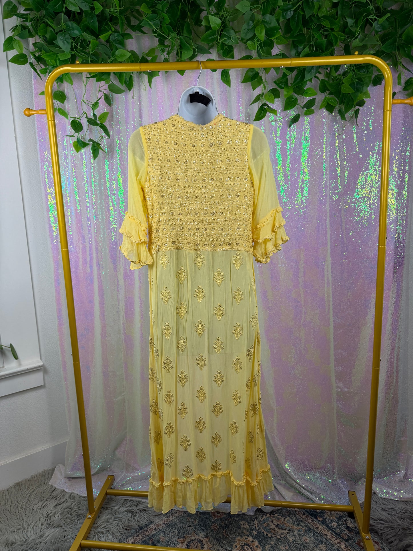 Butter Yellow Festival Duster (S) 🌼☀️🧈🍯 sunshine butter yellow chic sheer embroidered beaded duster quarter length sleeve kimono (factory tagged: N/A)