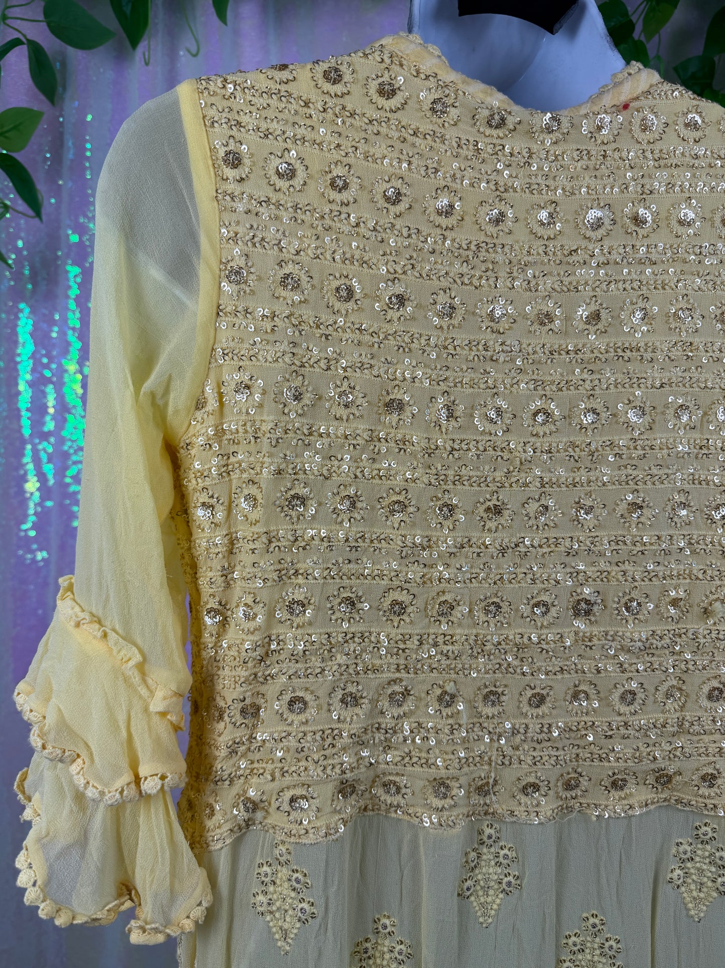 Butter Yellow Festival Duster (S) 🌼☀️🧈🍯 sunshine butter yellow chic sheer embroidered beaded duster quarter length sleeve kimono (factory tagged: N/A)