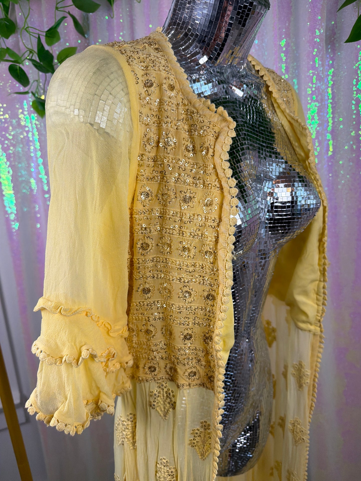 Butter Yellow Festival Duster (S) 🌼☀️🧈🍯 sunshine butter yellow chic sheer embroidered beaded duster quarter length sleeve kimono (factory tagged: N/A)