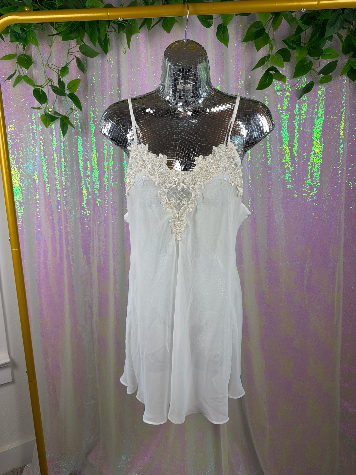 Tentelle (S) 🤍🕊️✨🌸🦢☁️💍🪞🫧🕯️ sheer white and cream embroidered pearl sequin flowy soft bridal chiffon slip lingerie dress (factory tagged: SMALL)