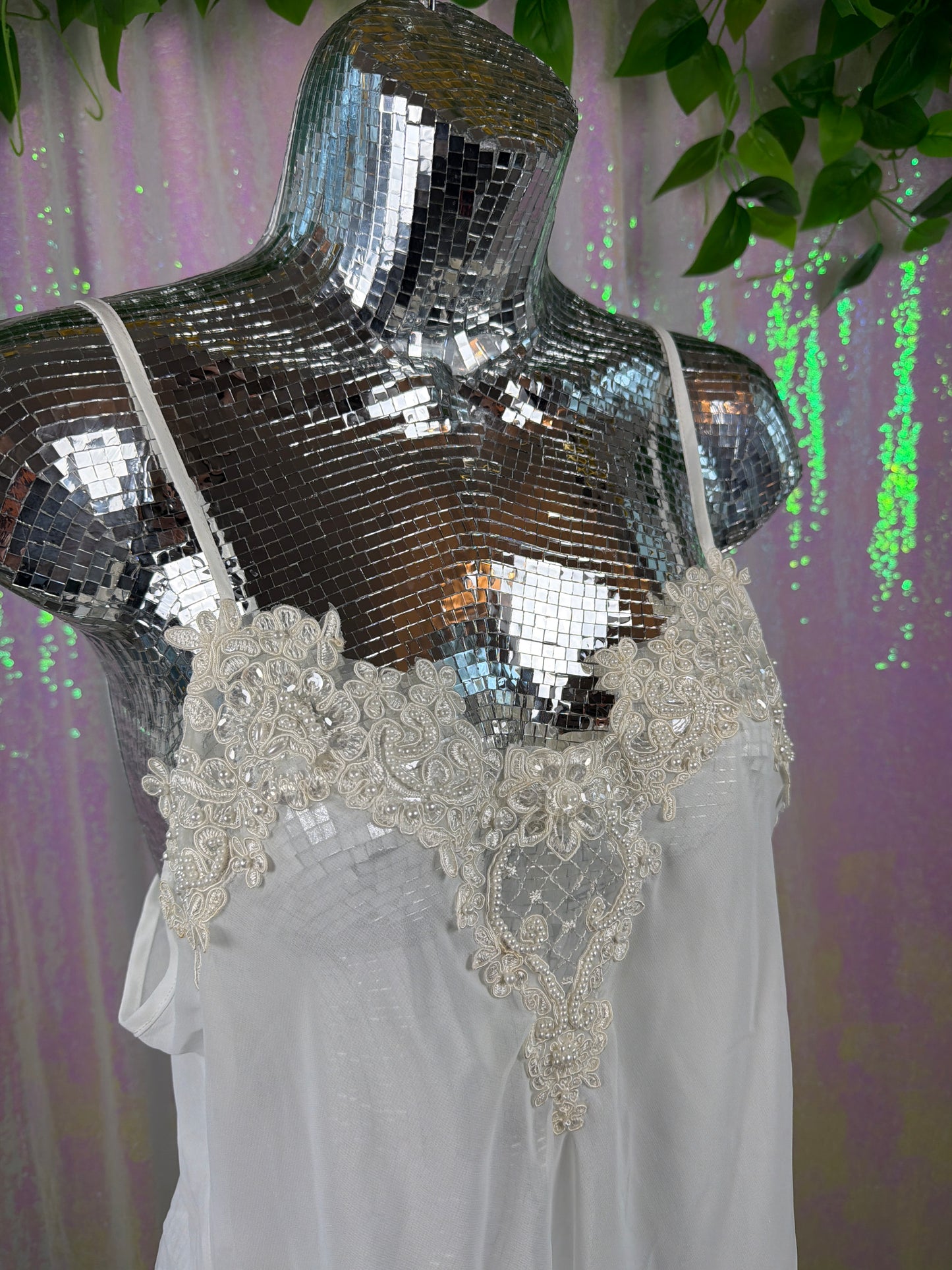 Tentelle (S) 🤍🕊️✨🌸🦢☁️💍🪞🫧🕯️ sheer white and cream embroidered pearl sequin flowy soft bridal chiffon slip lingerie dress (factory tagged: SMALL)