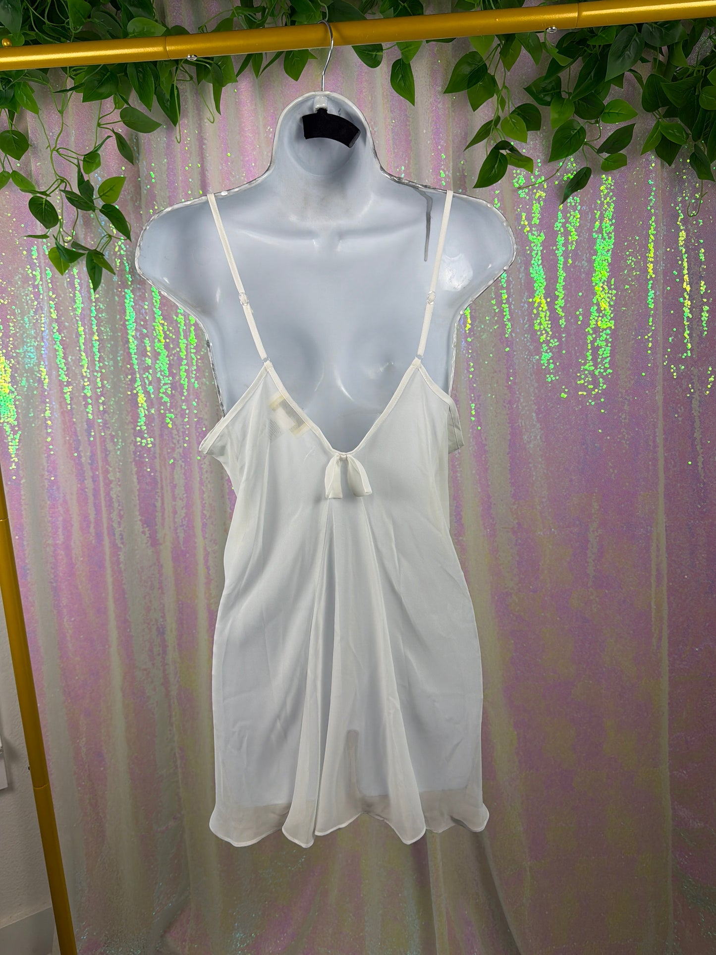 Tentelle (S) 🤍🕊️✨🌸🦢☁️💍🪞🫧🕯️ sheer white and cream embroidered pearl sequin flowy soft bridal chiffon slip lingerie dress (factory tagged: SMALL)
