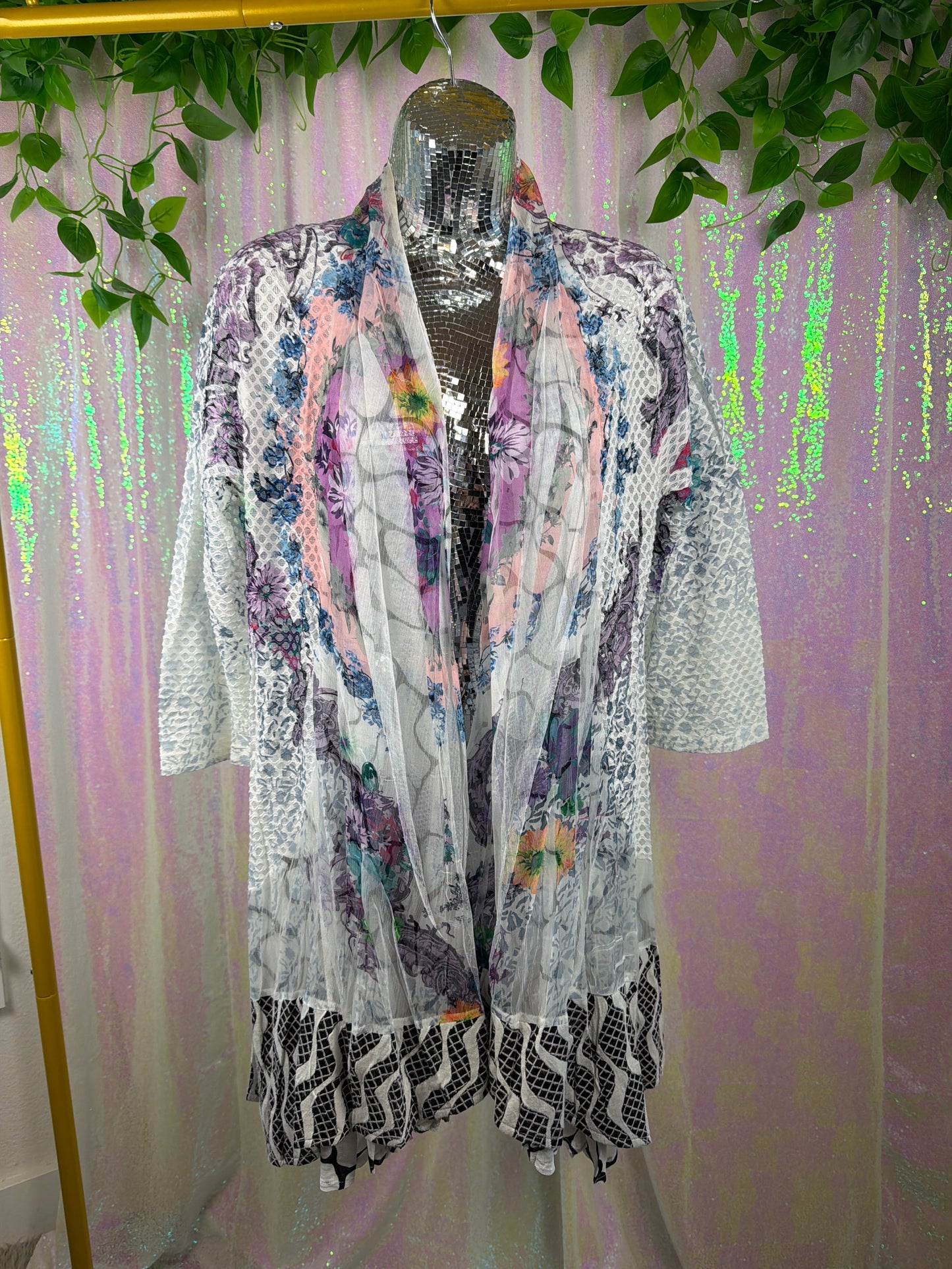 Kamana (M) 🌸🦋🌿🌼 sheer festival fractal mitosis floral mesh duster cardigan (factory tagged: M)