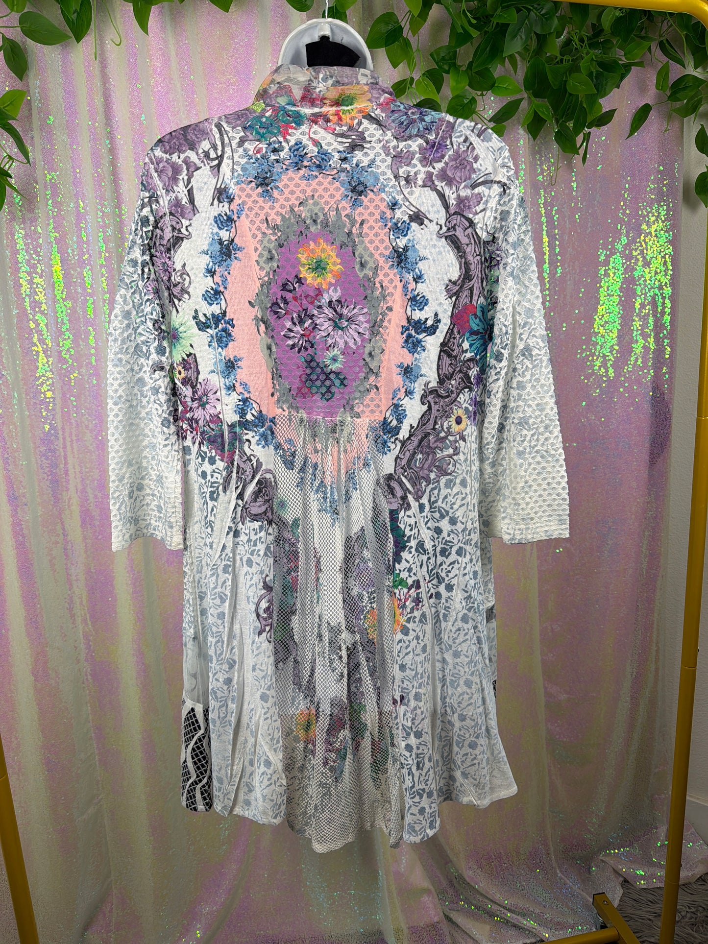 Kamana (M) 🌸🦋🌿🌼 sheer festival fractal mitosis floral mesh duster cardigan (factory tagged: M)