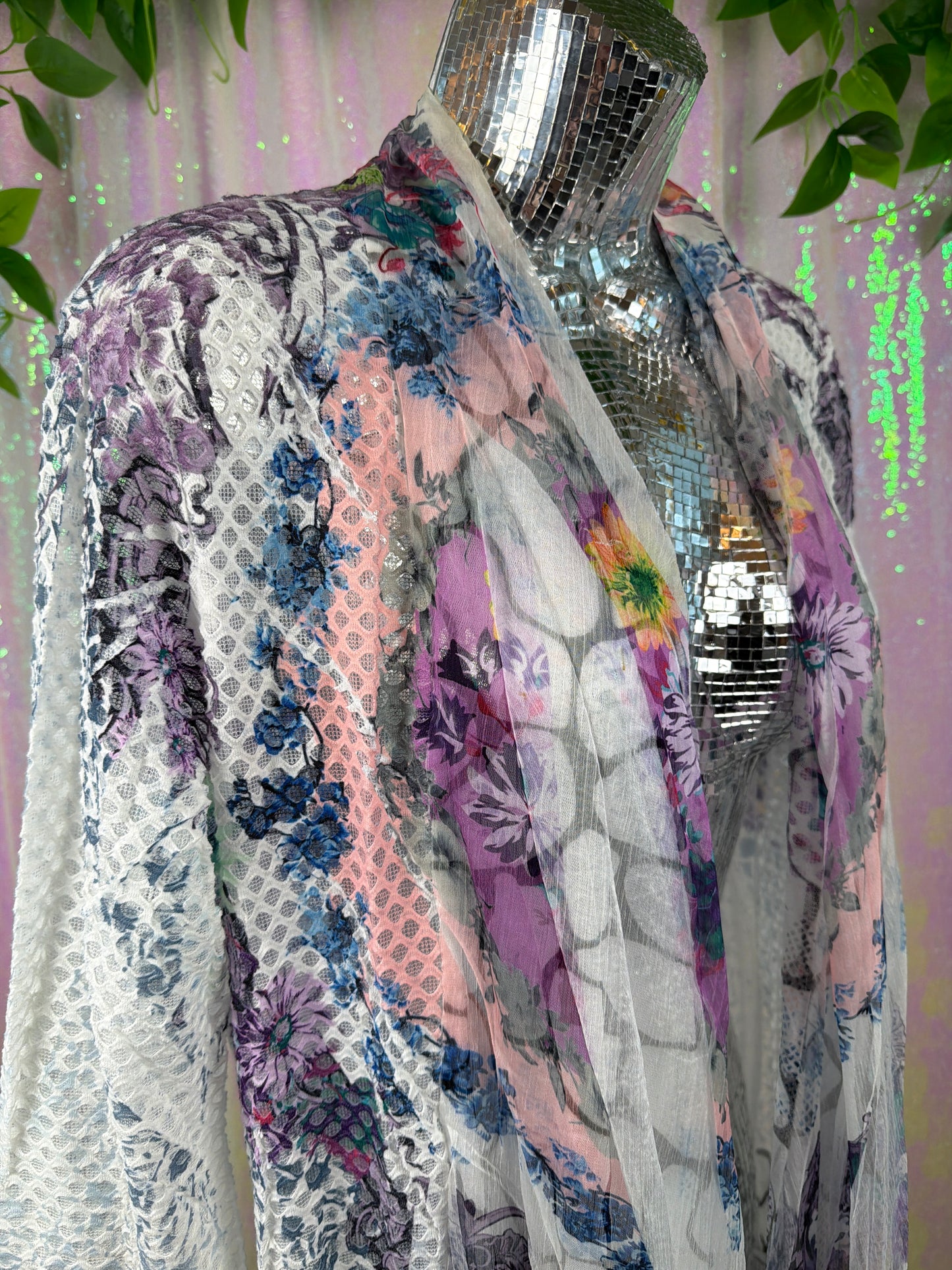 Kamana (M) 🌸🦋🌿🌼 sheer festival fractal mitosis floral mesh duster cardigan (factory tagged: M)