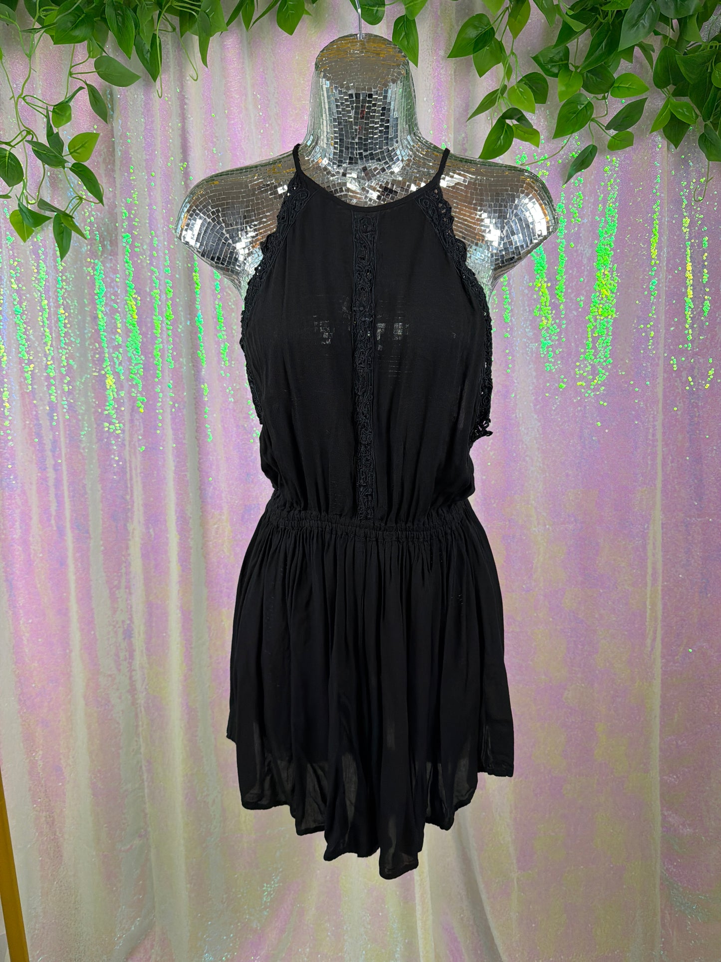 Free People (M) 🖤🎸🥀🌆 black sheer embroidered beaded beach cover up comfy see through boho flowy halter mini romper (factory tagged: M)
