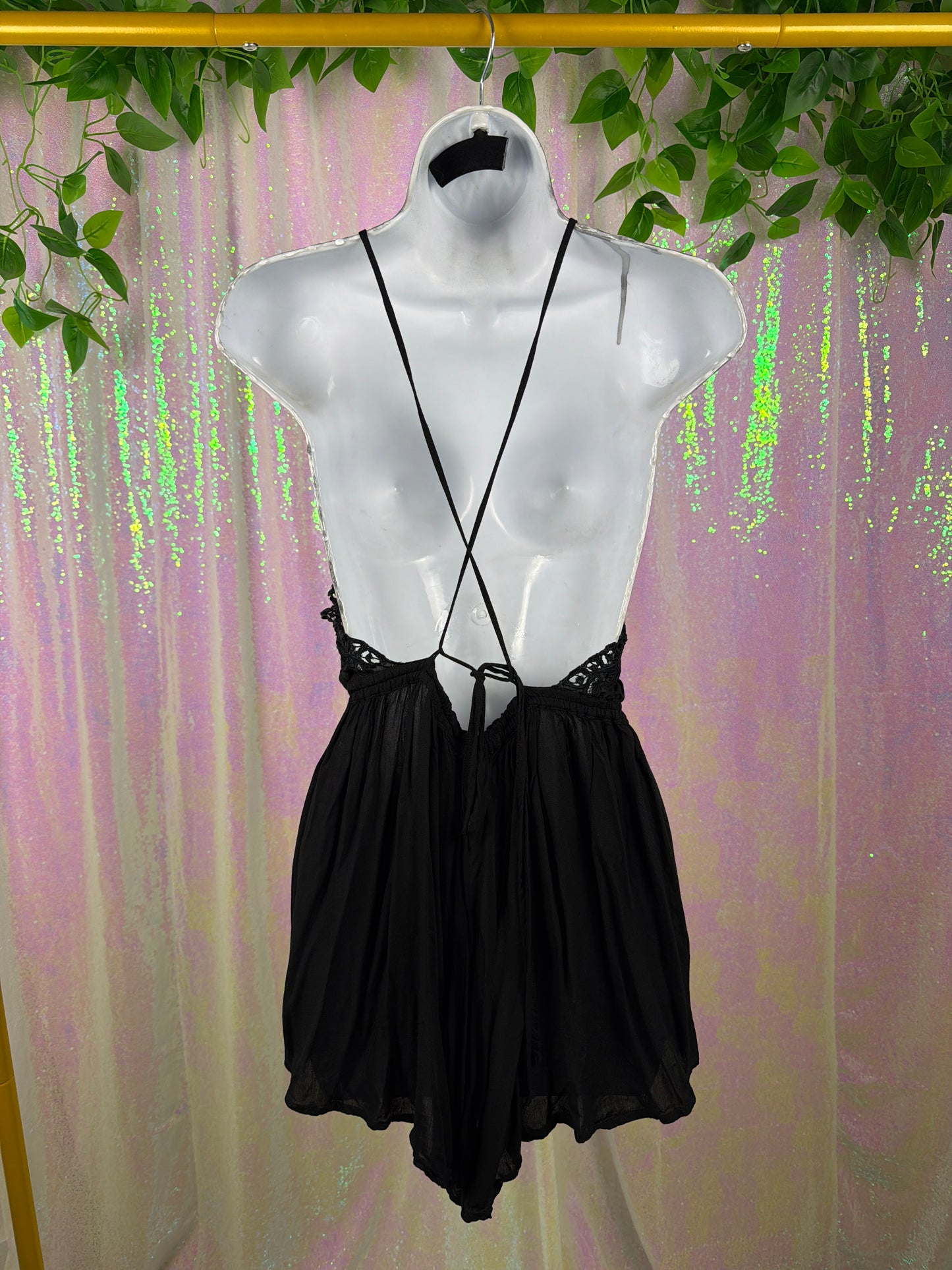 Free People (M) 🖤🎸🥀🌆 black sheer embroidered beaded beach cover up comfy see through boho flowy halter mini romper (factory tagged: M)