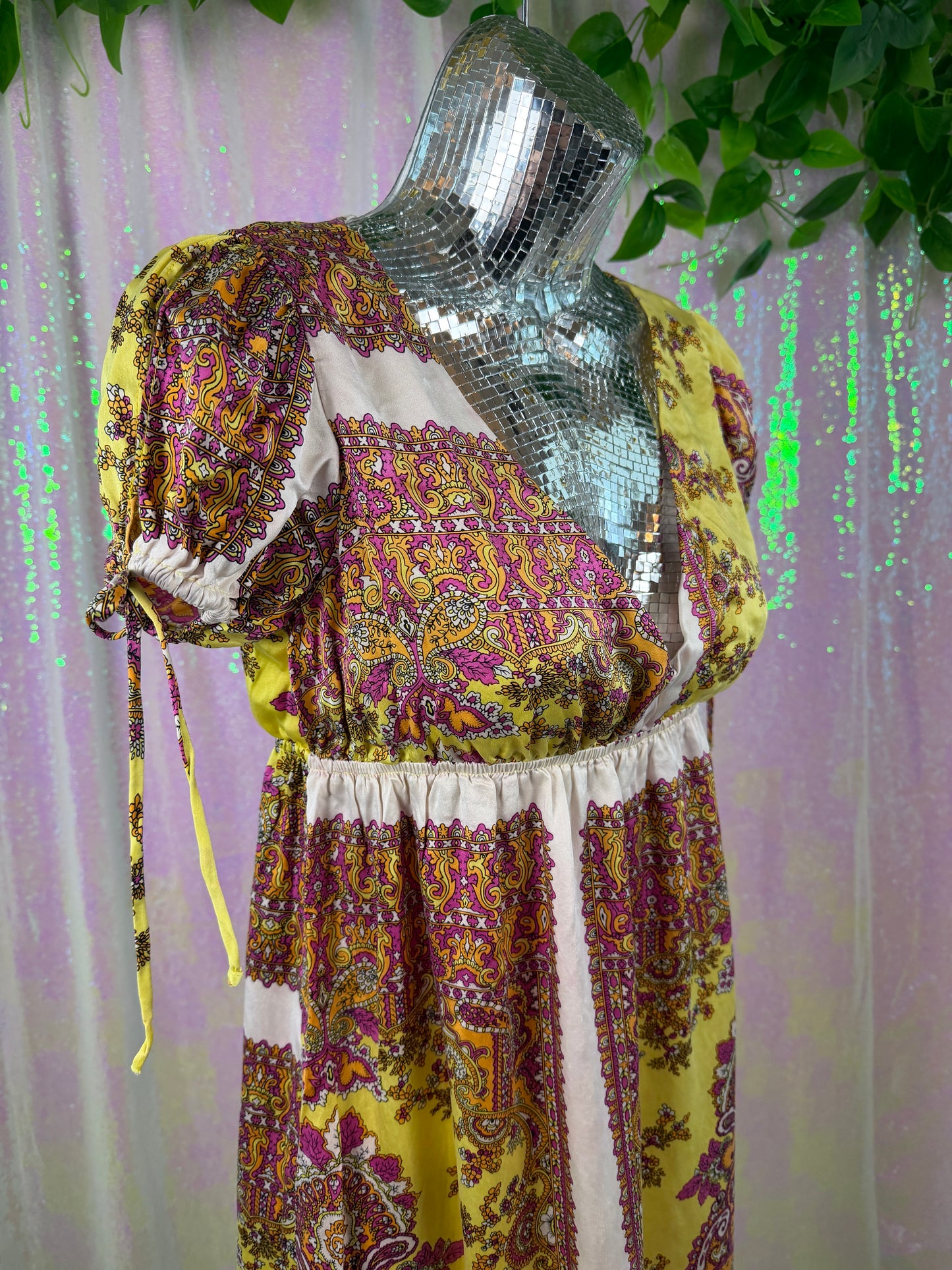 Alice & Trixie (S) 🎀🌼🍋🪷 y2k pink lemon paisley boho cali tumblr Coachella festival girlie empire waist frock babydoll mini silky soft dress (factory tagged: S)