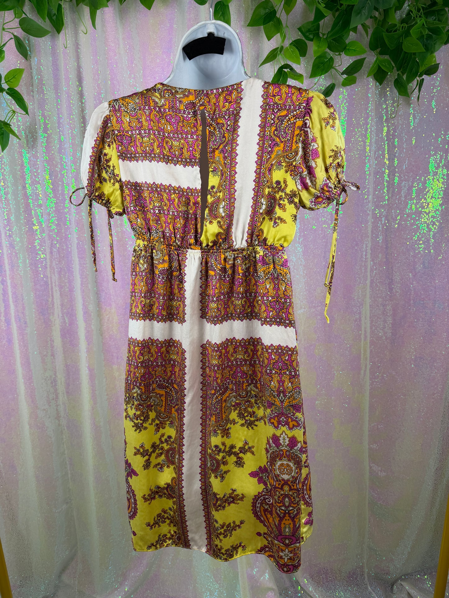 Alice & Trixie (S) 🎀🌼🍋🪷 y2k pink lemon paisley boho cali tumblr Coachella festival girlie empire waist frock babydoll mini silky soft dress (factory tagged: S)