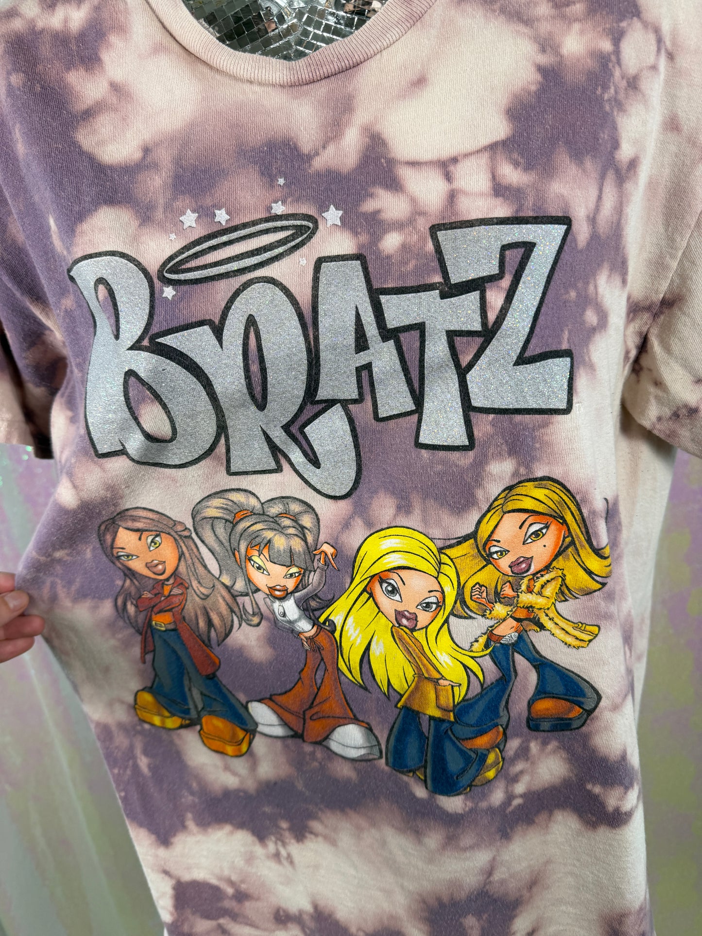 Bratz (M) 💜👑🎀💿 custom tie-dye purple bleach Y2K graphic iconic bratz dollz tee comfy streetwear (factory tagged: M)