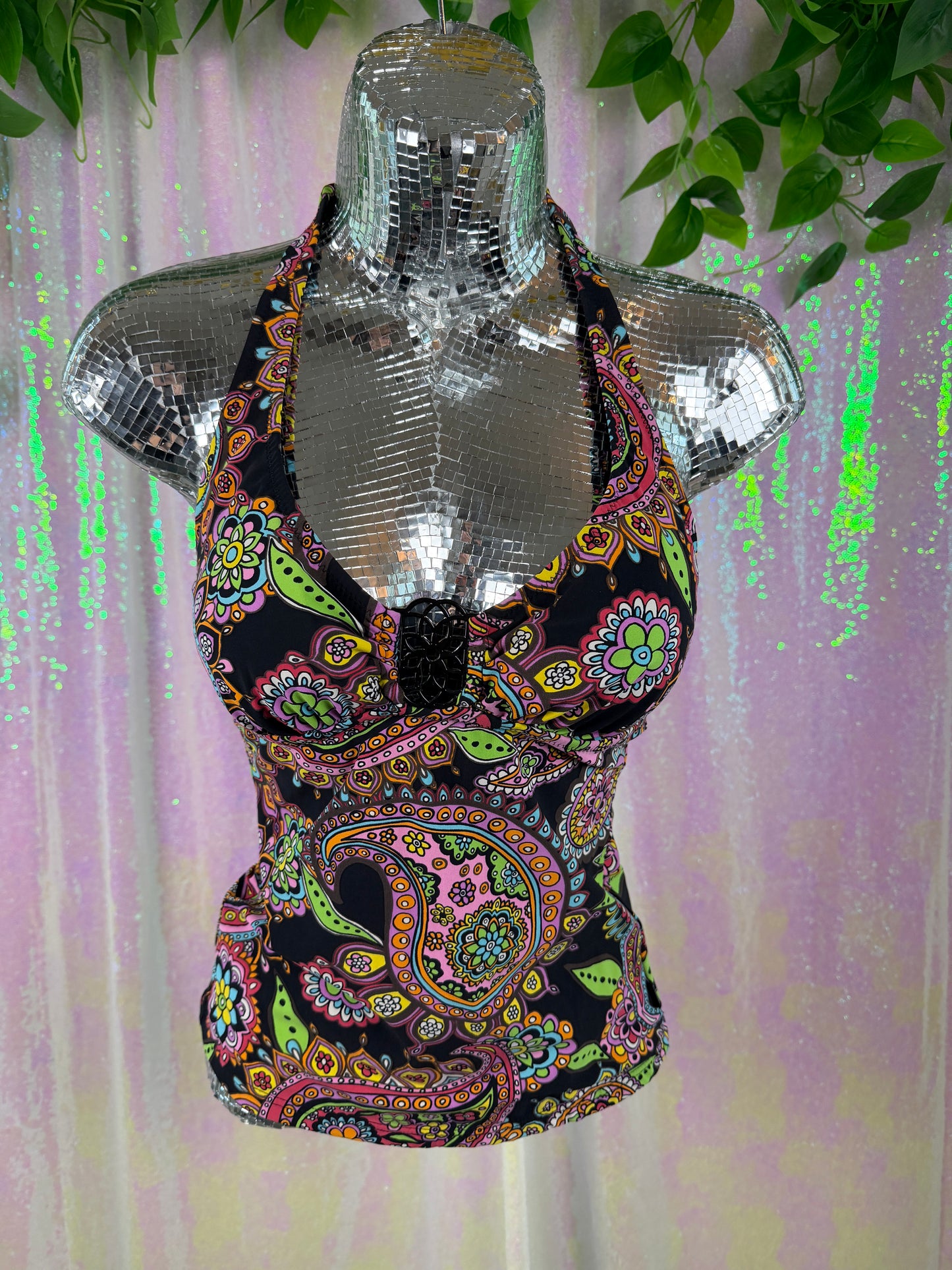 Silver by Gottex (S) 🖤🌈🏖️🌺 y2k psychedelic paisley whimsy goth halter swim top (factory tagged: S)