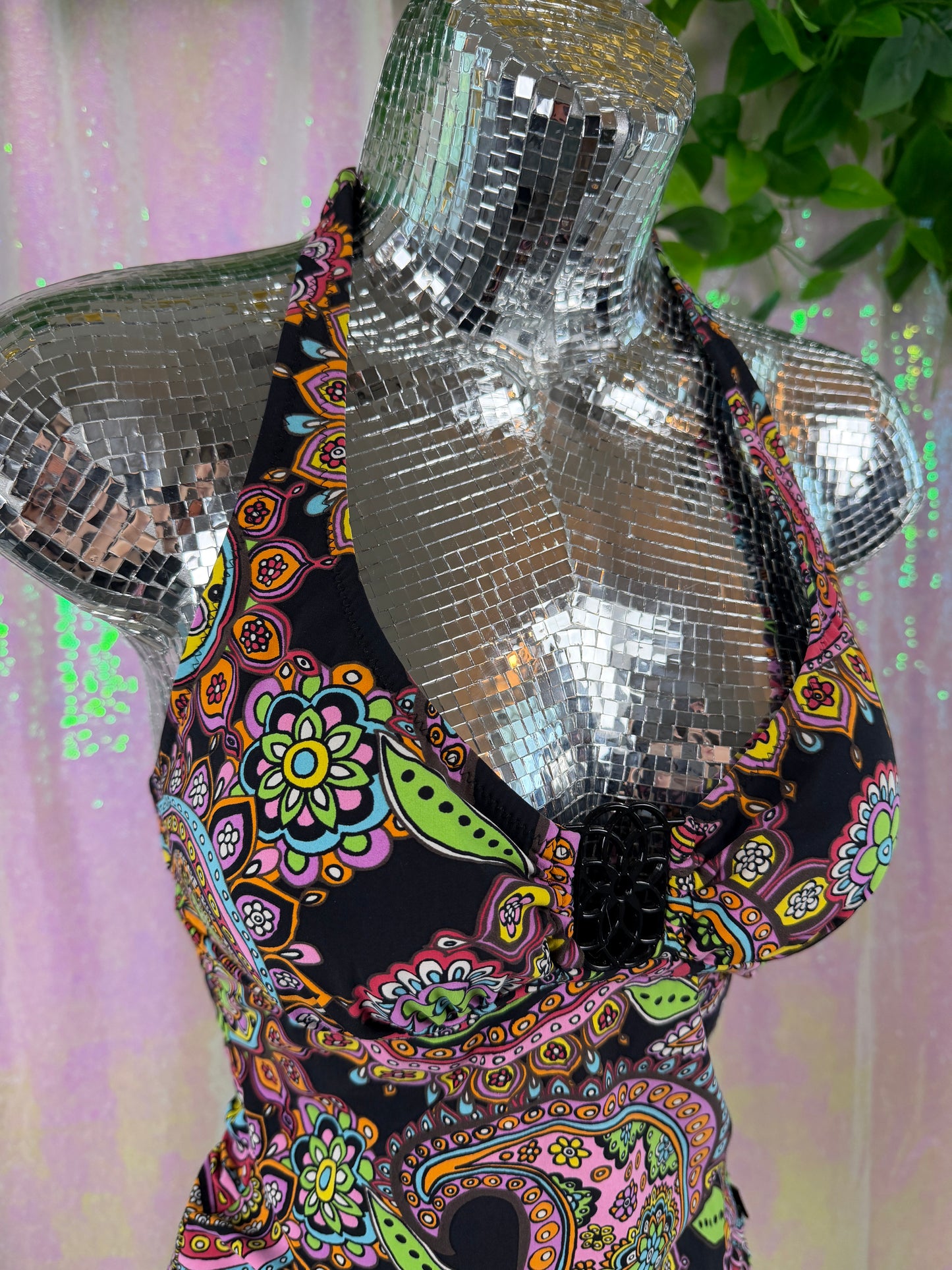 Silver by Gottex (S) 🖤🌈🏖️🌺 y2k psychedelic paisley whimsy goth halter swim top (factory tagged: S)