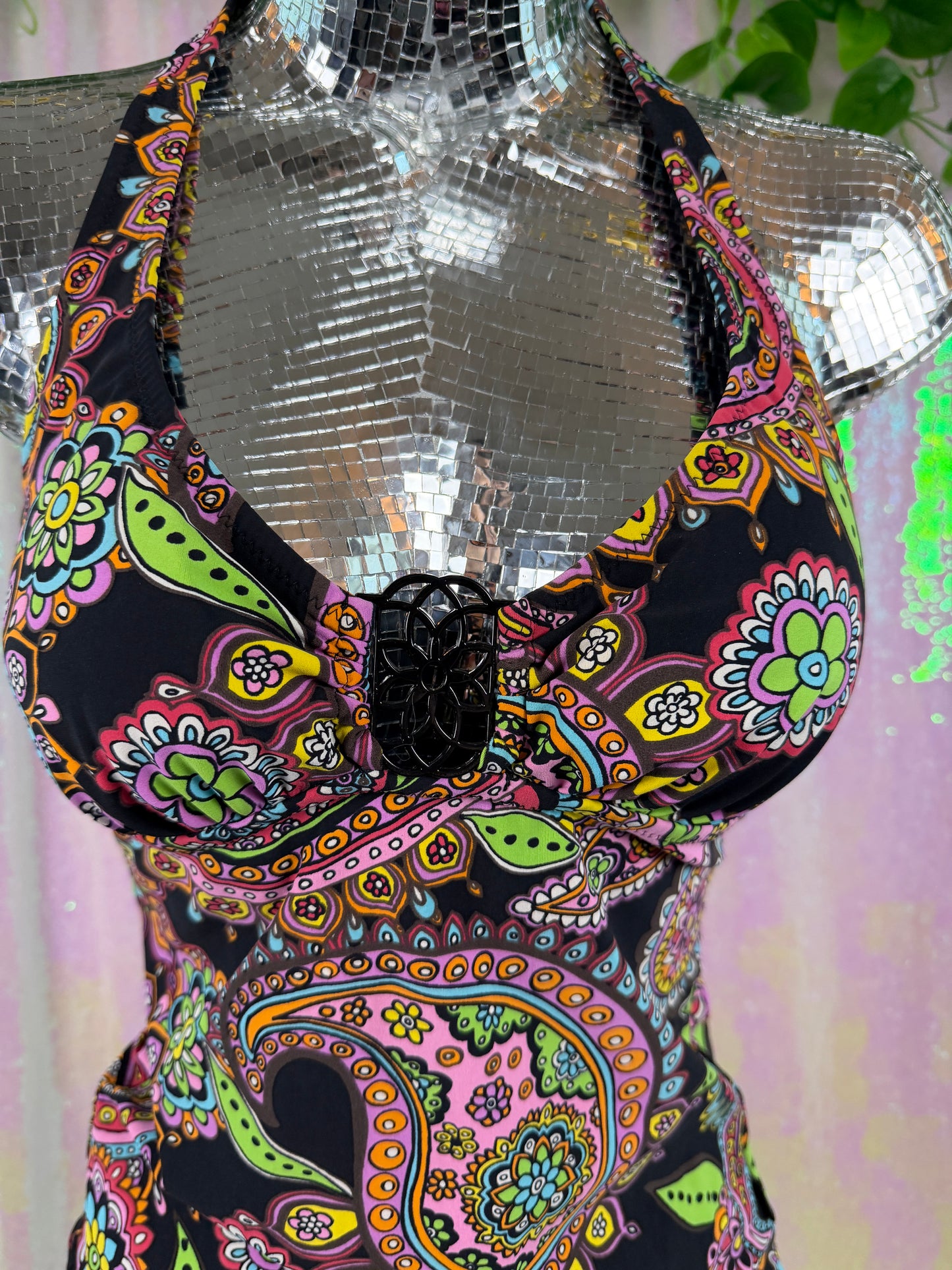 Silver by Gottex (S) 🖤🌈🏖️🌺 y2k psychedelic paisley whimsy goth halter swim top (factory tagged: S)
