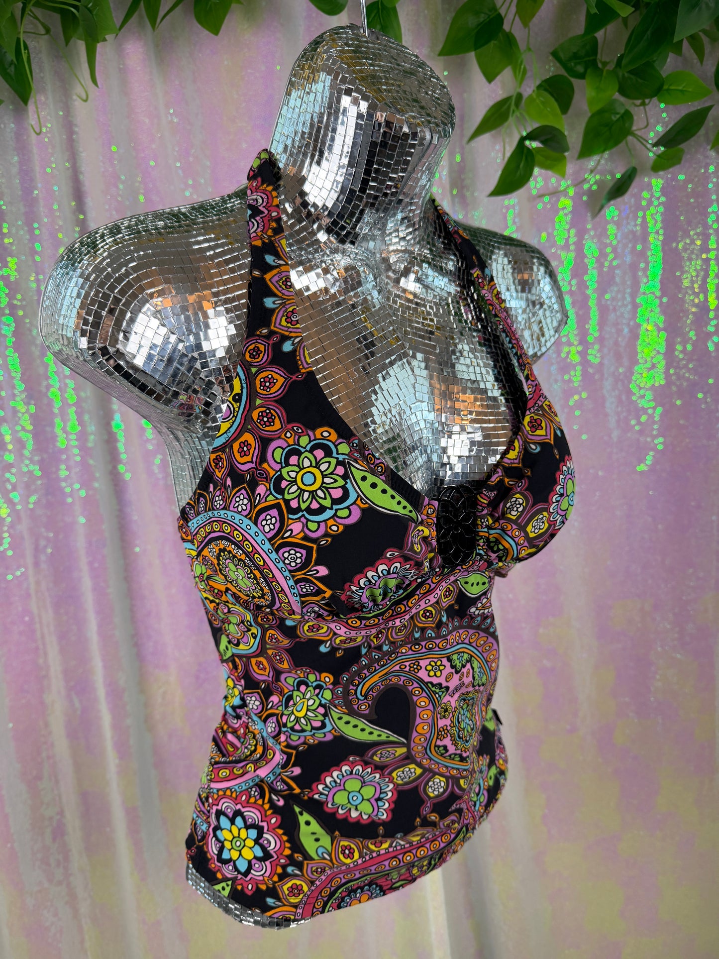 Silver by Gottex (S) 🖤🌈🏖️🌺 y2k psychedelic paisley whimsy goth halter swim top (factory tagged: S)