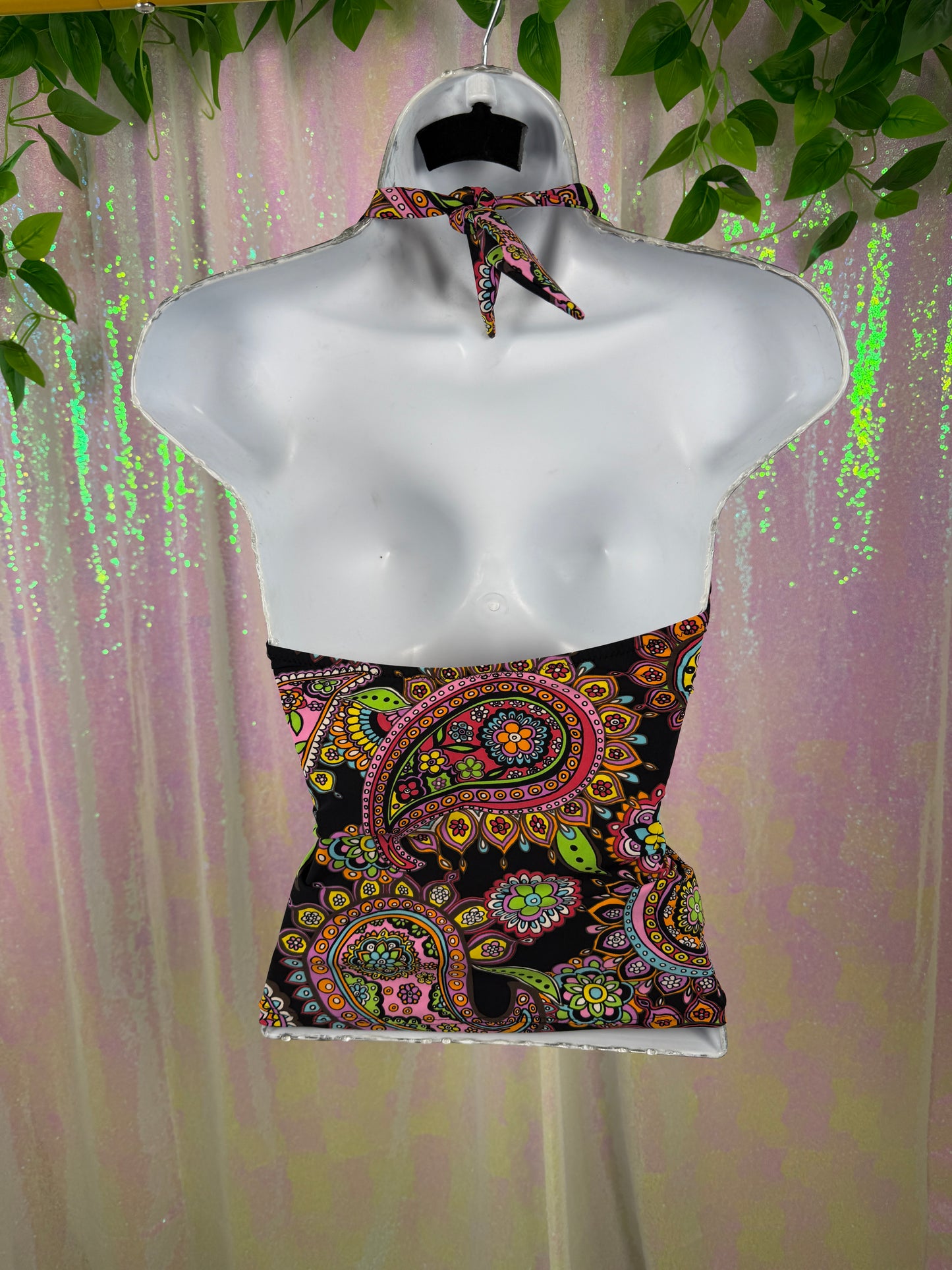 Silver by Gottex (S) 🖤🌈🏖️🌺 y2k psychedelic paisley whimsy goth halter swim top (factory tagged: S)
