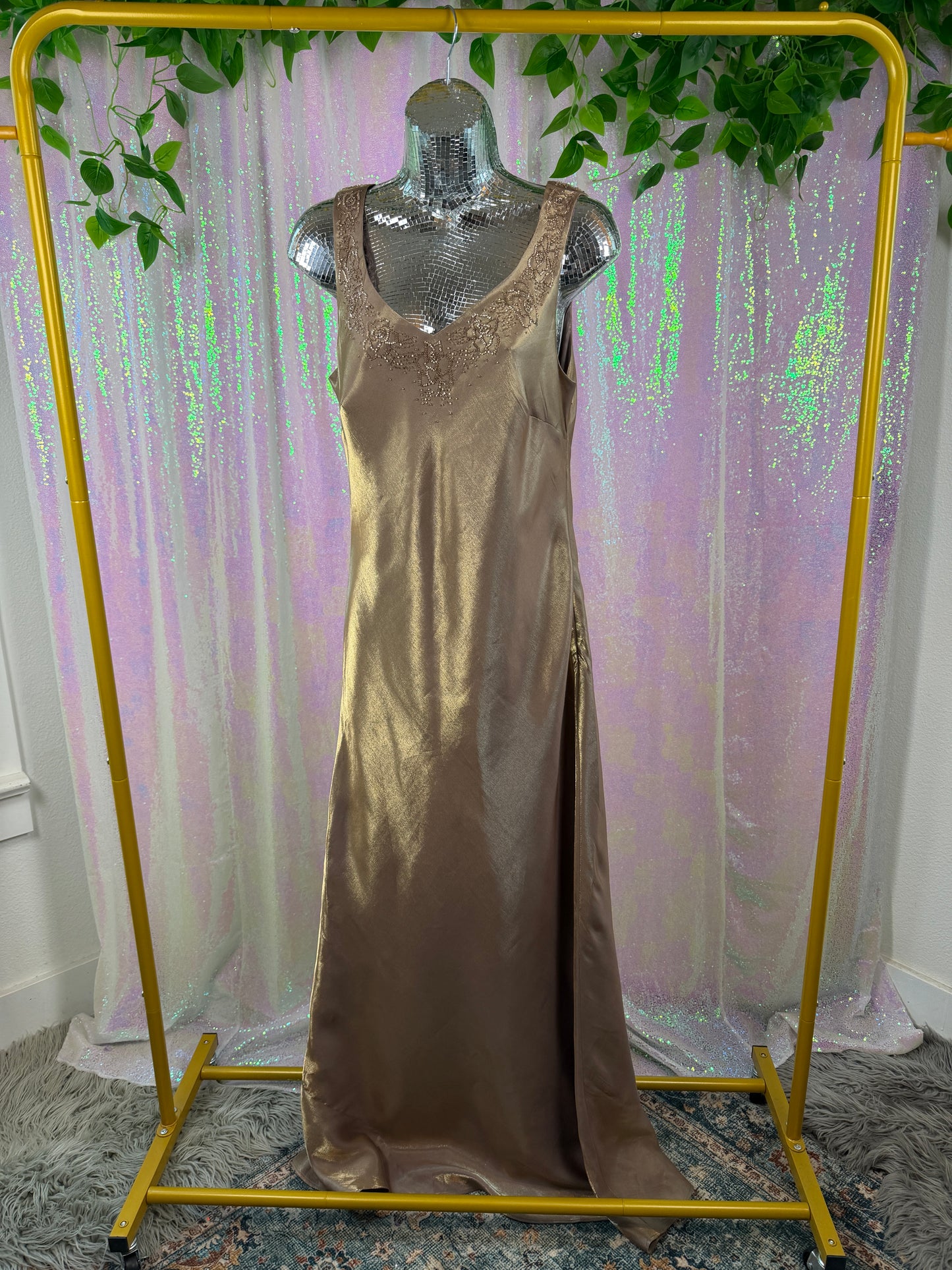 Alex Evenings (L) ✨🥂🌟🍾 beaded satin two tone holographic golden brown champagne evening gown maxi bridesmaid gala dress (factory tagged: 12)