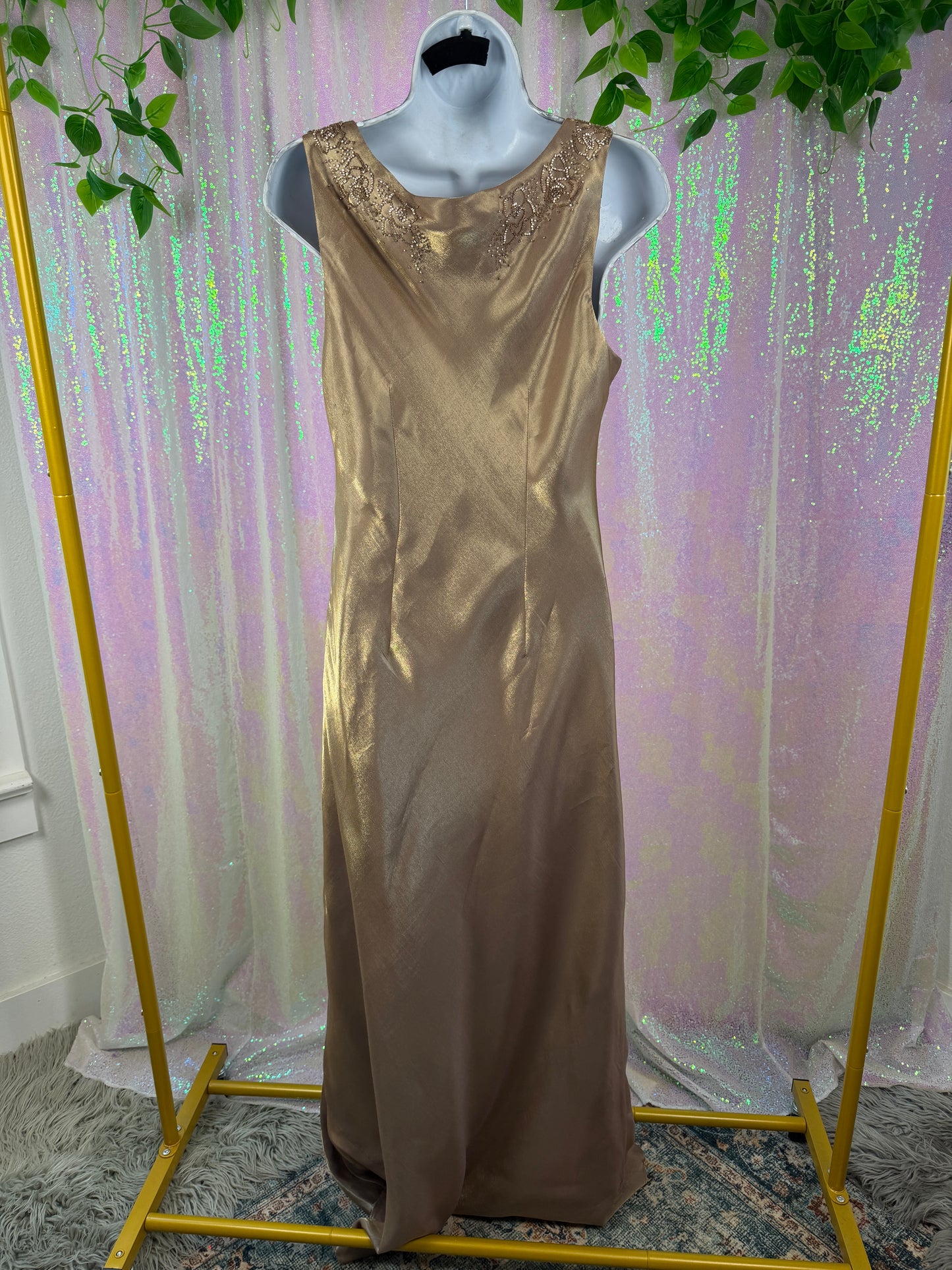 Alex Evenings (L) ✨🥂🌟🍾 beaded satin two tone holographic golden brown champagne evening gown maxi bridesmaid gala dress (factory tagged: 12)