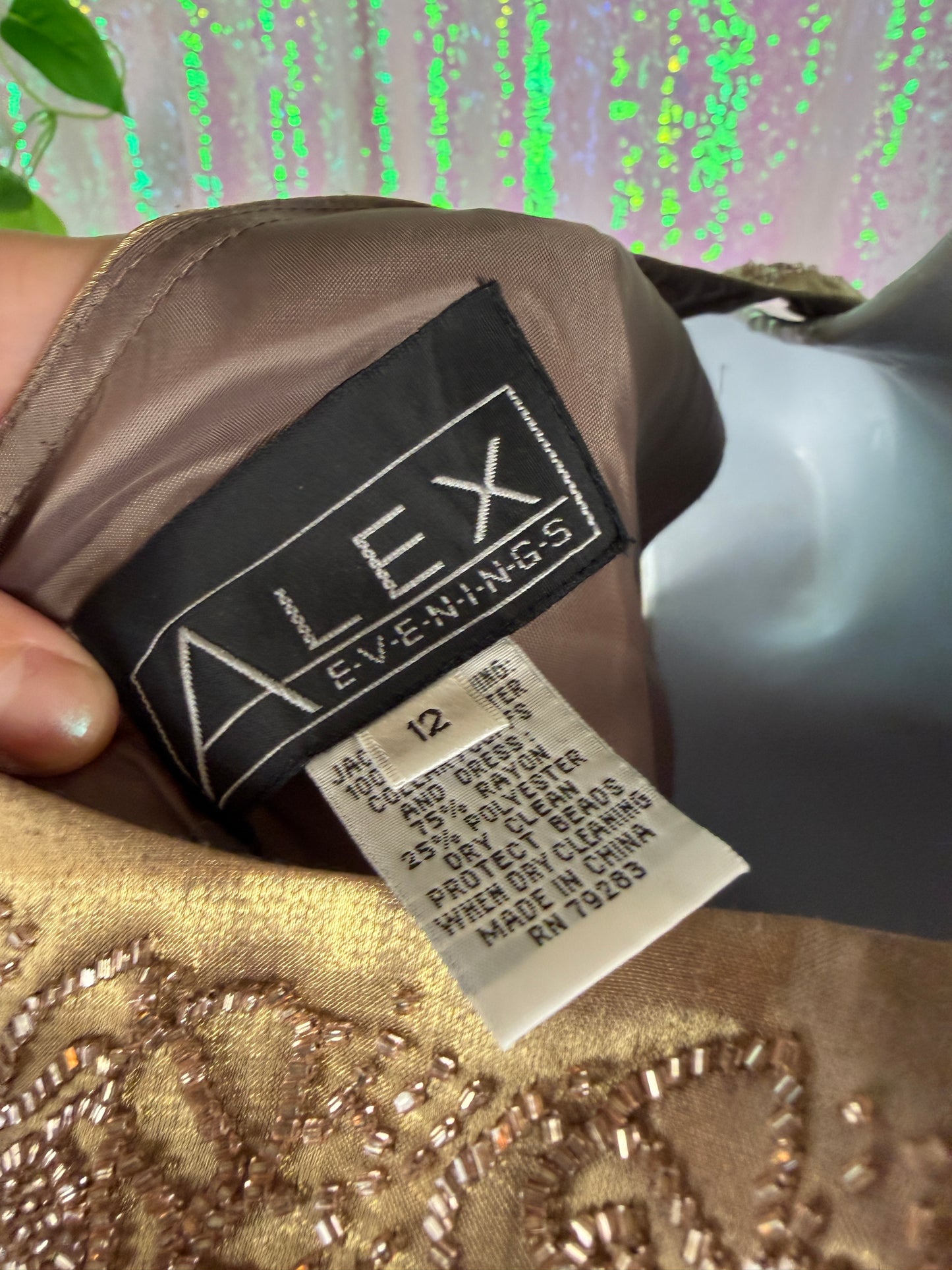 Alex Evenings (L) ✨🥂🌟🍾 beaded satin two tone holographic golden brown champagne evening gown maxi bridesmaid gala dress (factory tagged: 12)