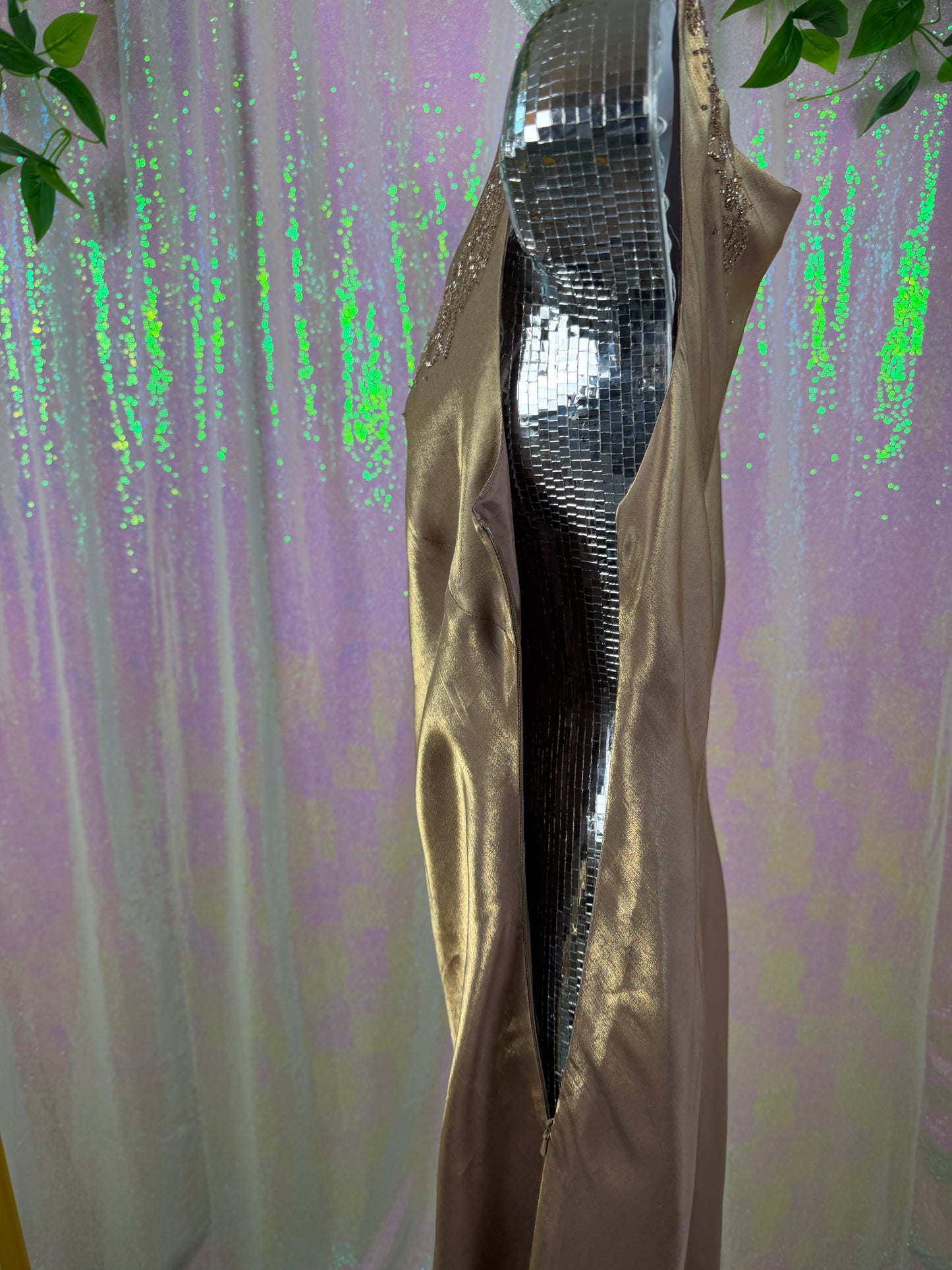 Alex Evenings (L) ✨🥂🌟🍾 beaded satin two tone holographic golden brown champagne evening gown maxi bridesmaid gala dress (factory tagged: 12)