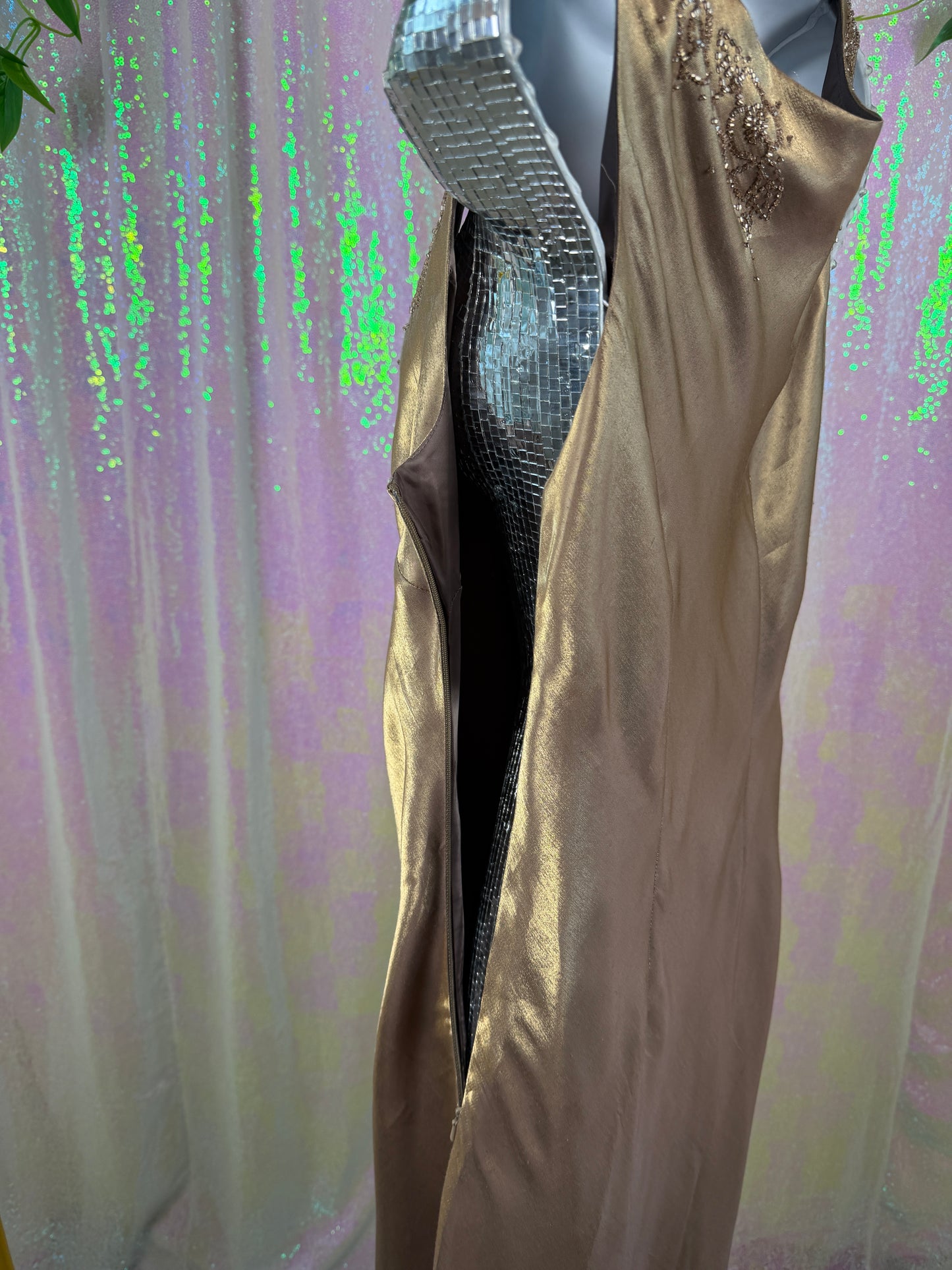 Alex Evenings (L) ✨🥂🌟🍾 beaded satin two tone holographic golden brown champagne evening gown maxi bridesmaid gala dress (factory tagged: 12)