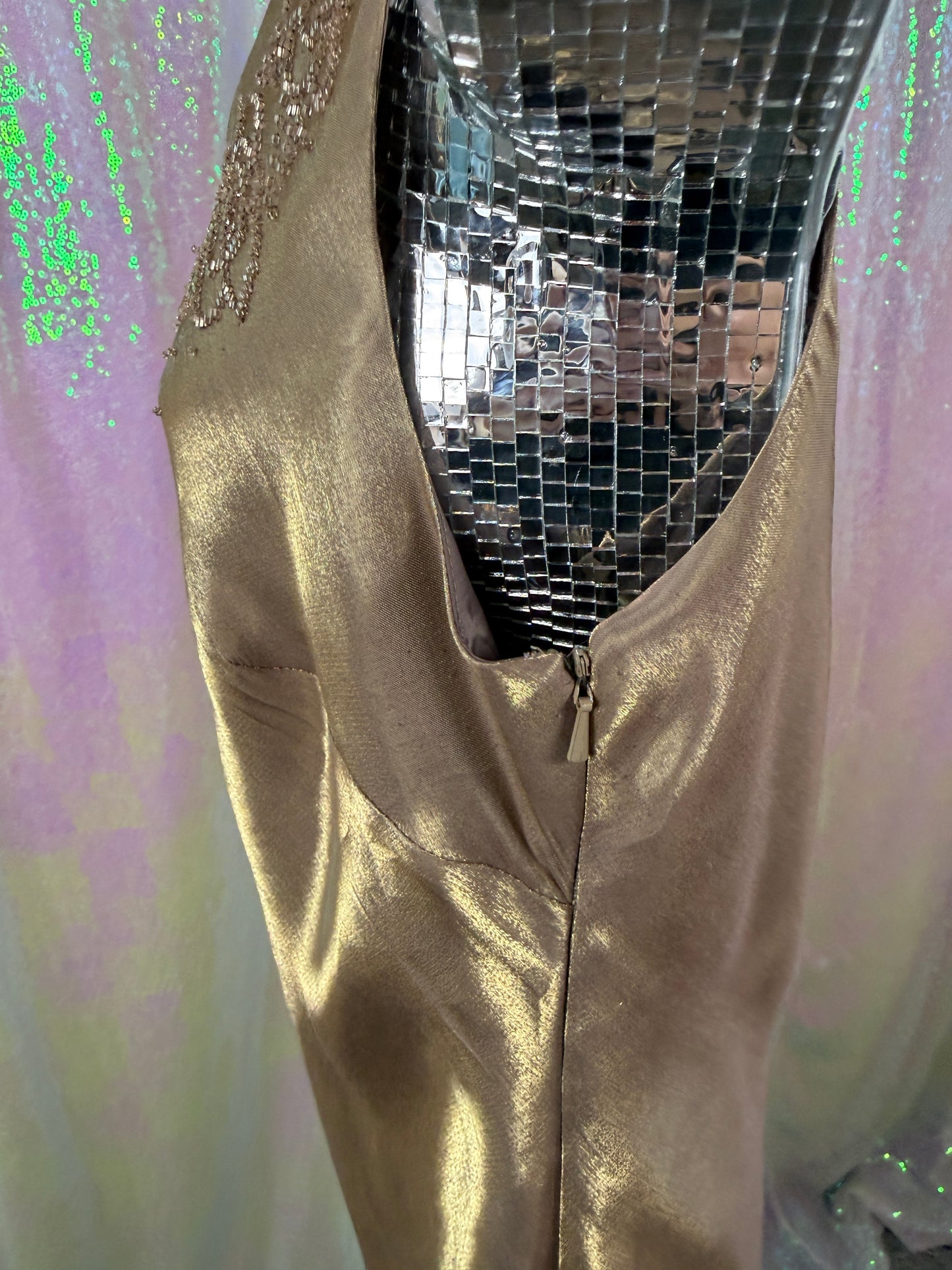 Alex Evenings (L) ✨🥂🌟🍾 beaded satin two tone holographic golden brown champagne evening gown maxi bridesmaid gala dress (factory tagged: 12)