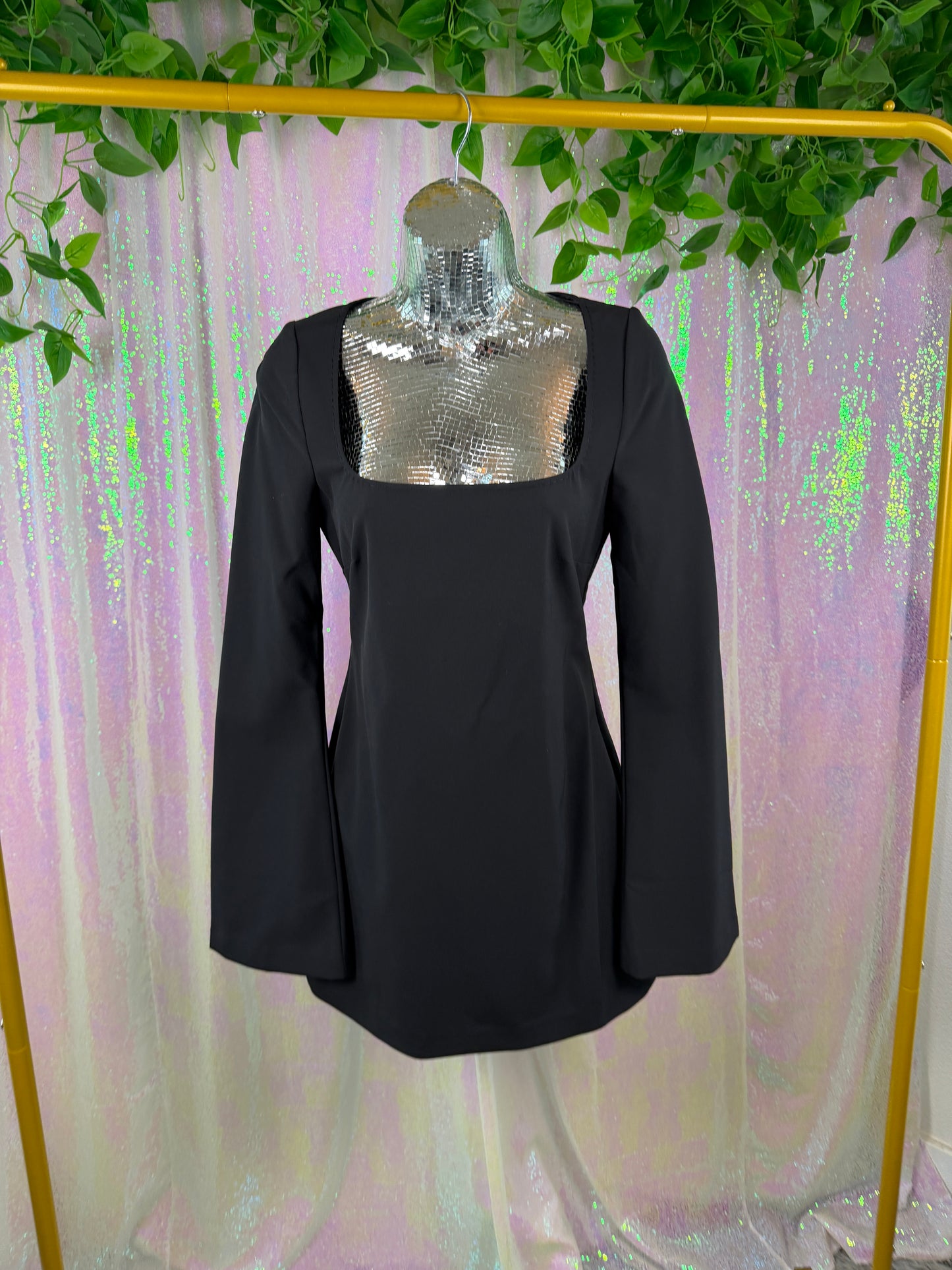 L'Academie (S) 🖤🌑♠️🦇 black square neck bell sleeve mini dress romantic gothic sleek party (factory tagged: S)
