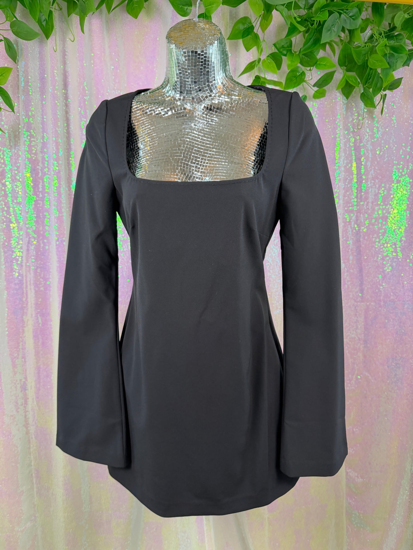L'Academie (S) 🖤🌑♠️🦇 black square neck bell sleeve mini dress romantic gothic sleek party (factory tagged: S)