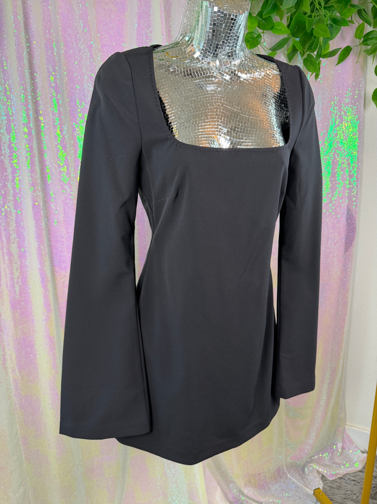 L'Academie (S) 🖤🌑♠️🦇 black square neck bell sleeve mini dress romantic gothic sleek party (factory tagged: S)