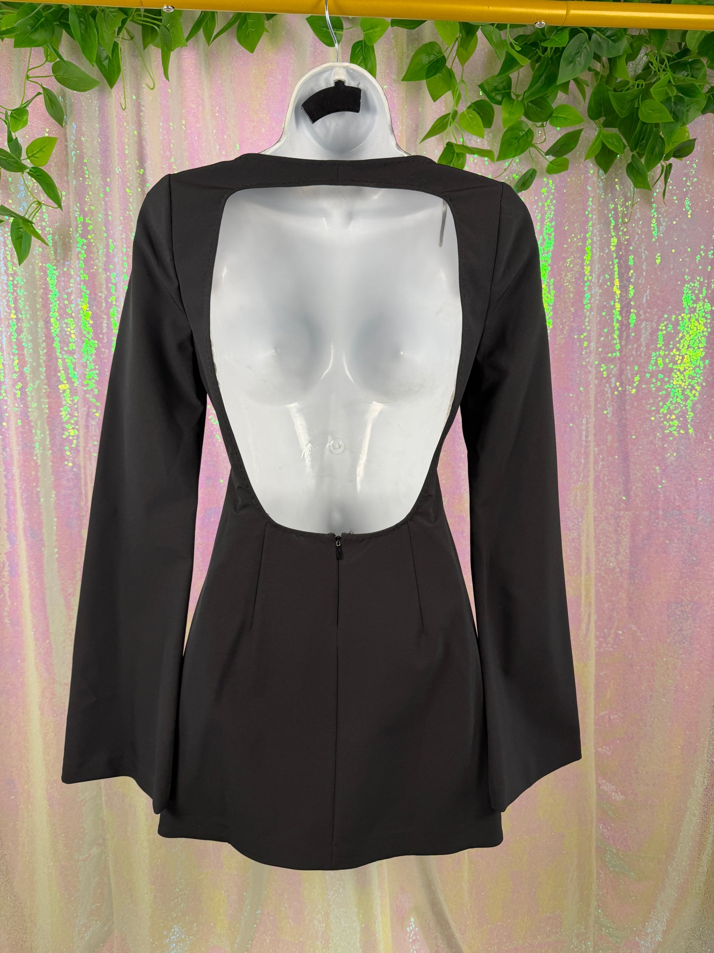 L'Academie (S) 🖤🌑♠️🦇 black square neck bell sleeve mini dress romantic gothic sleek party (factory tagged: S)