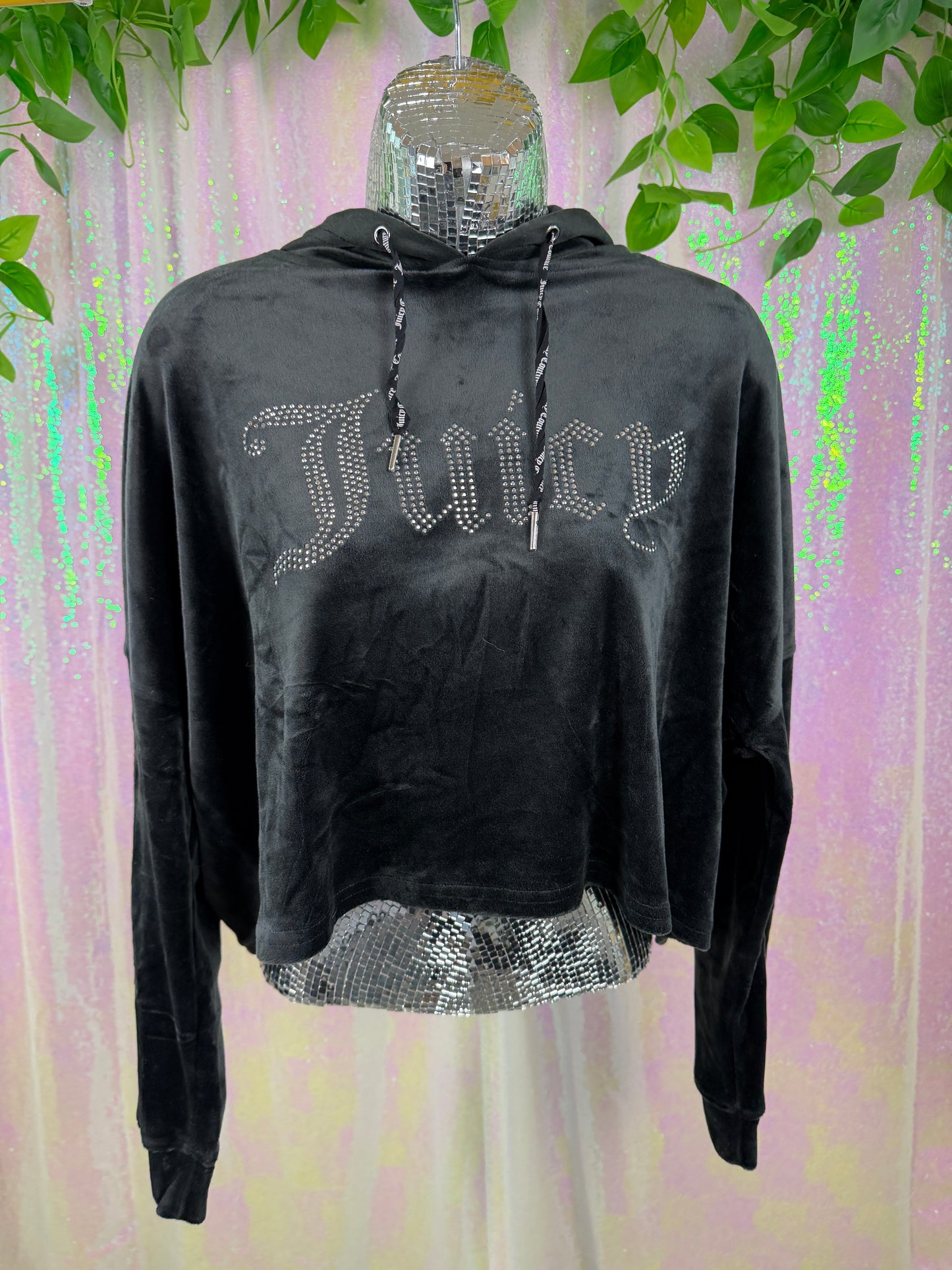 Juicy Couture (L) 🖤🕶️🐈‍⬛💎 black velvet silver rhinestone velour hoodie Y2K glam lounge baddie hoodie bratz girlie streetwear (factory tagged: L)