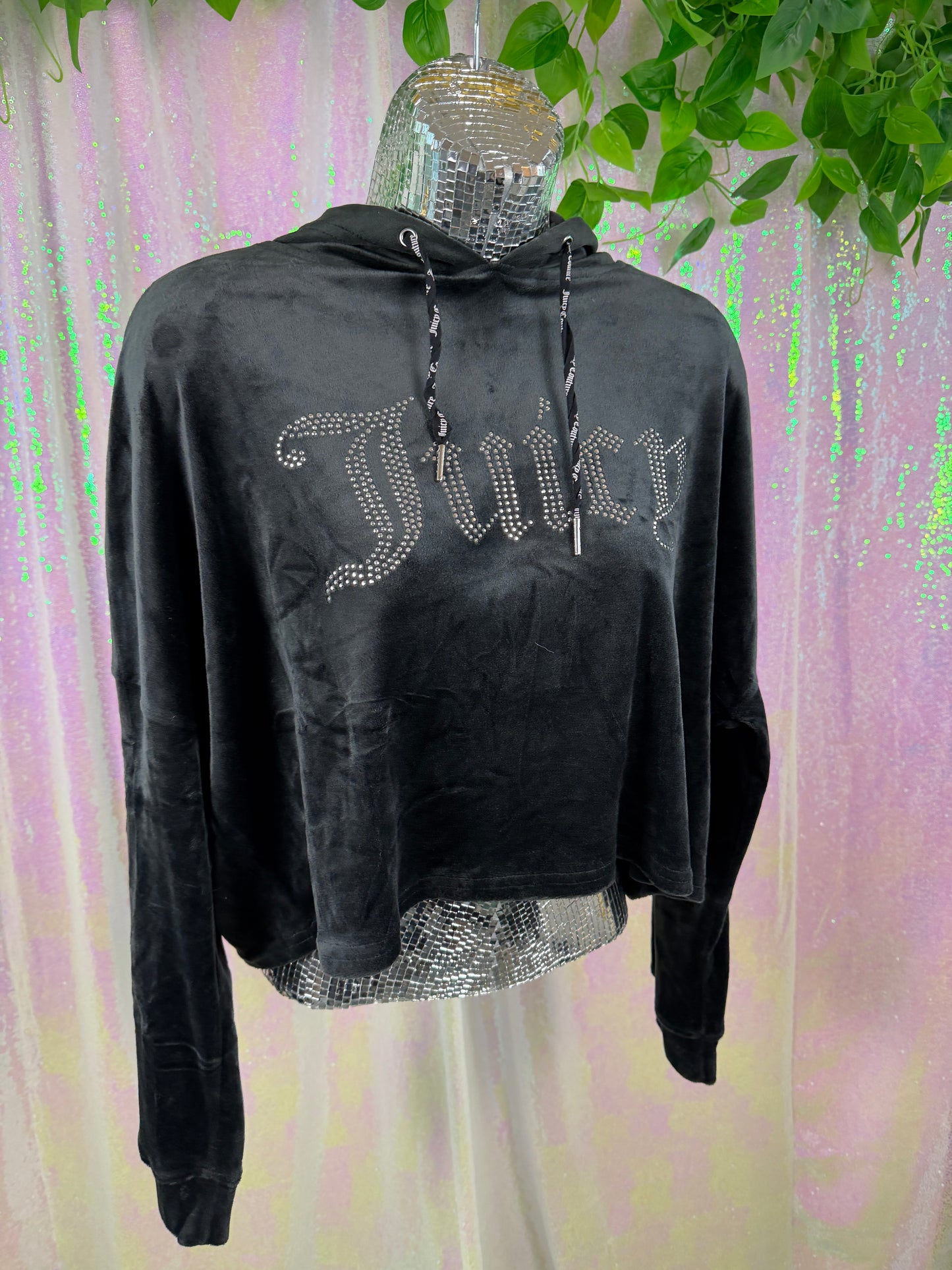 Juicy Couture (L) 🖤🕶️🐈‍⬛💎 black velvet silver rhinestone velour hoodie Y2K glam lounge baddie hoodie bratz girlie streetwear (factory tagged: L)
